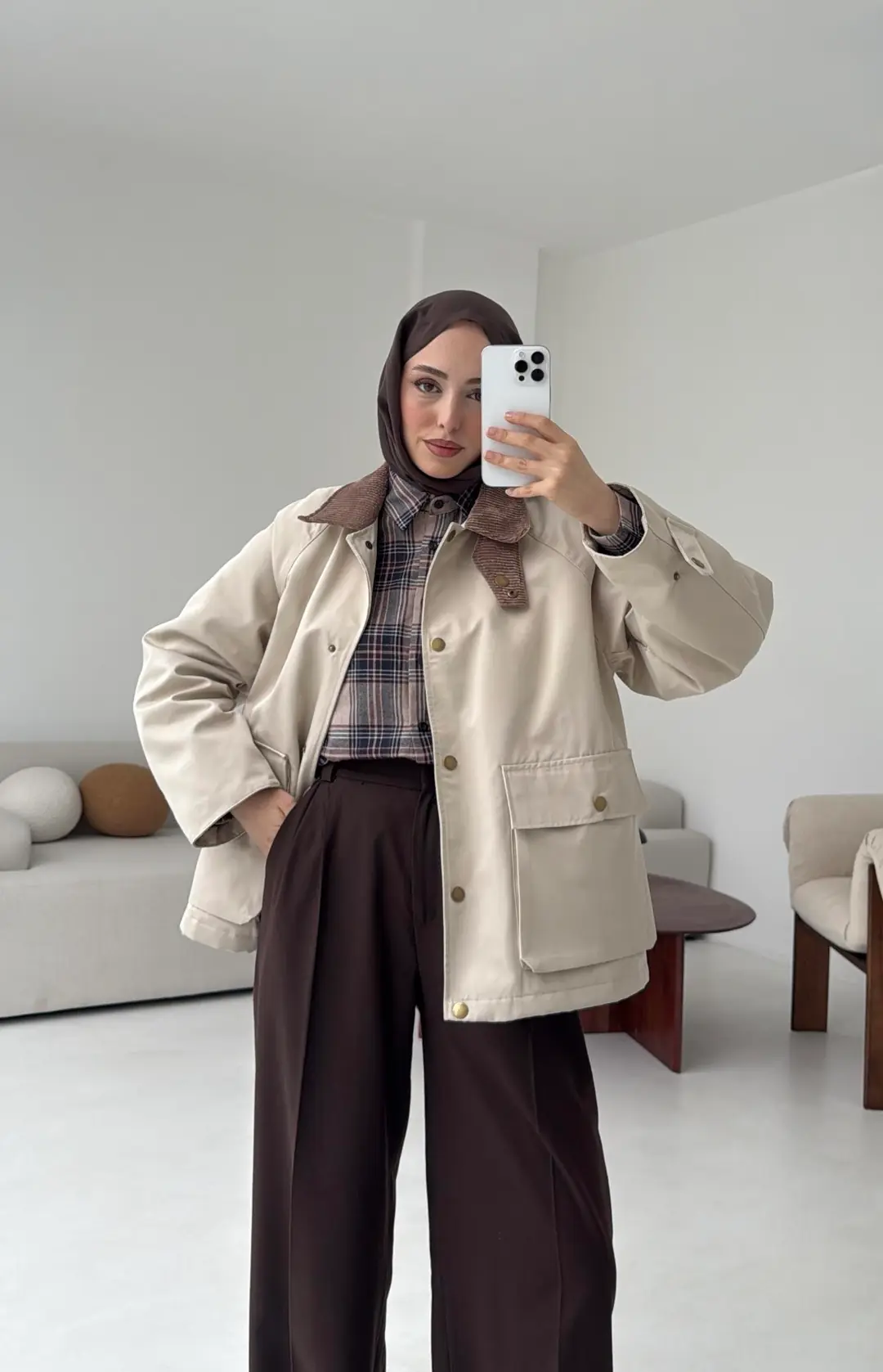 Kadife Yaka Dolgulu Ceket Bej - Görsel 4