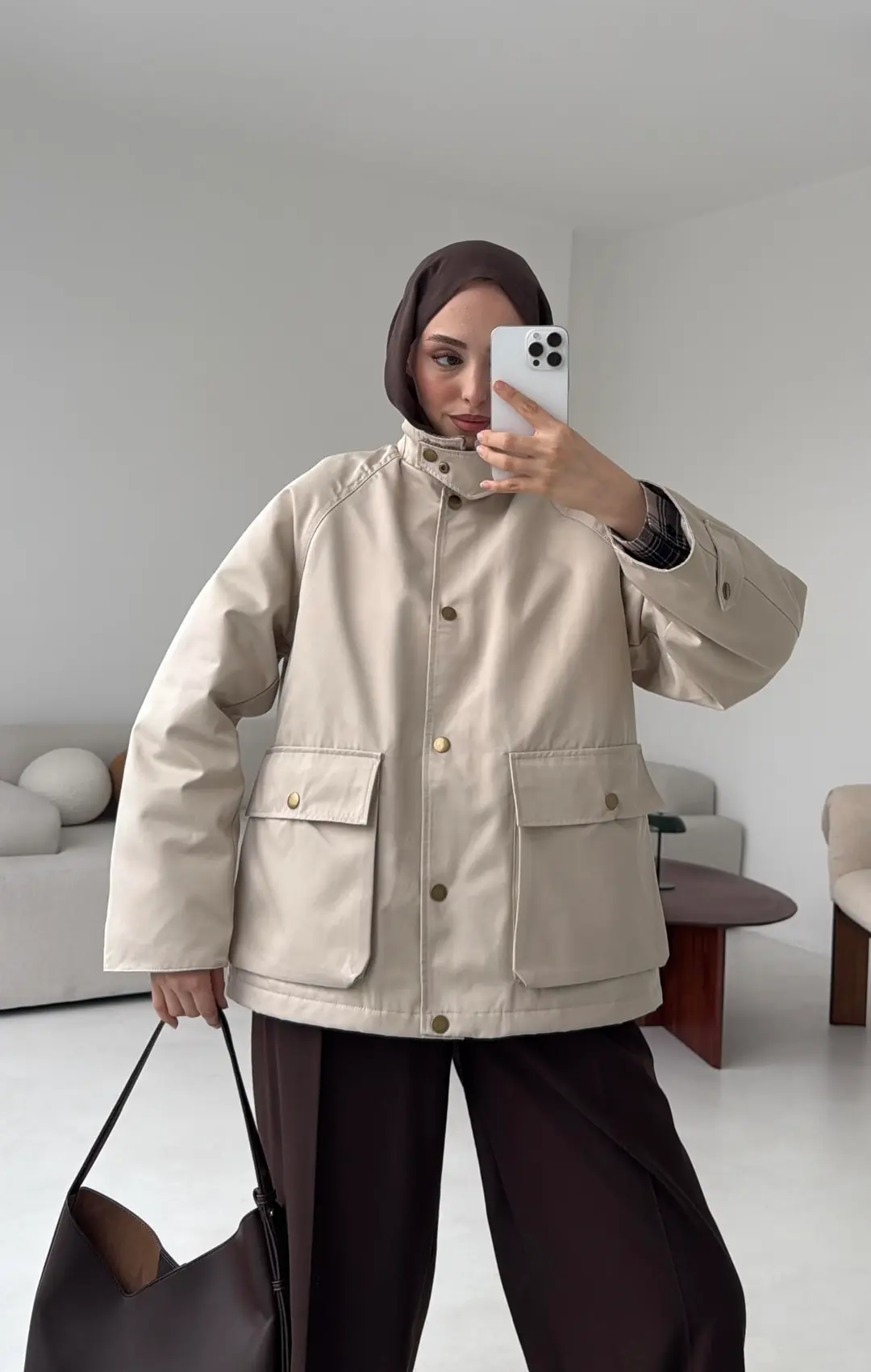 Kadife Yaka Dolgulu Ceket Bej - Görsel 5