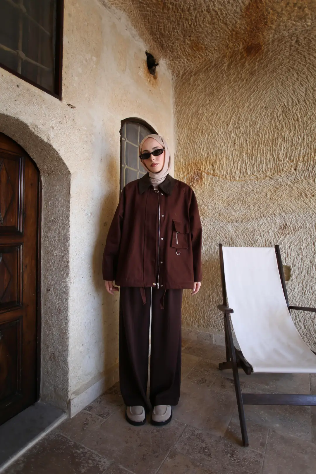 Kadife Yaka Gabardin Ceket Kahve - Görsel 4