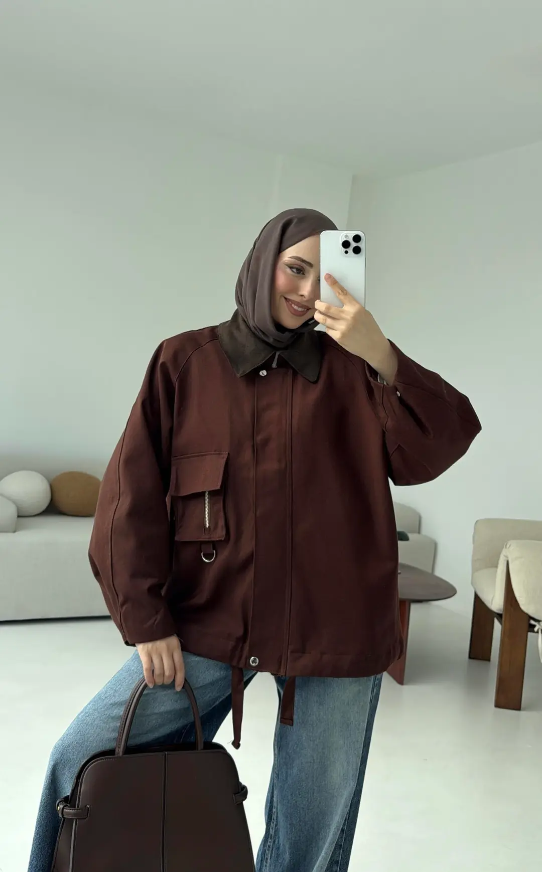 Kadife Yaka Gabardin Ceket Kahve - Görsel 3