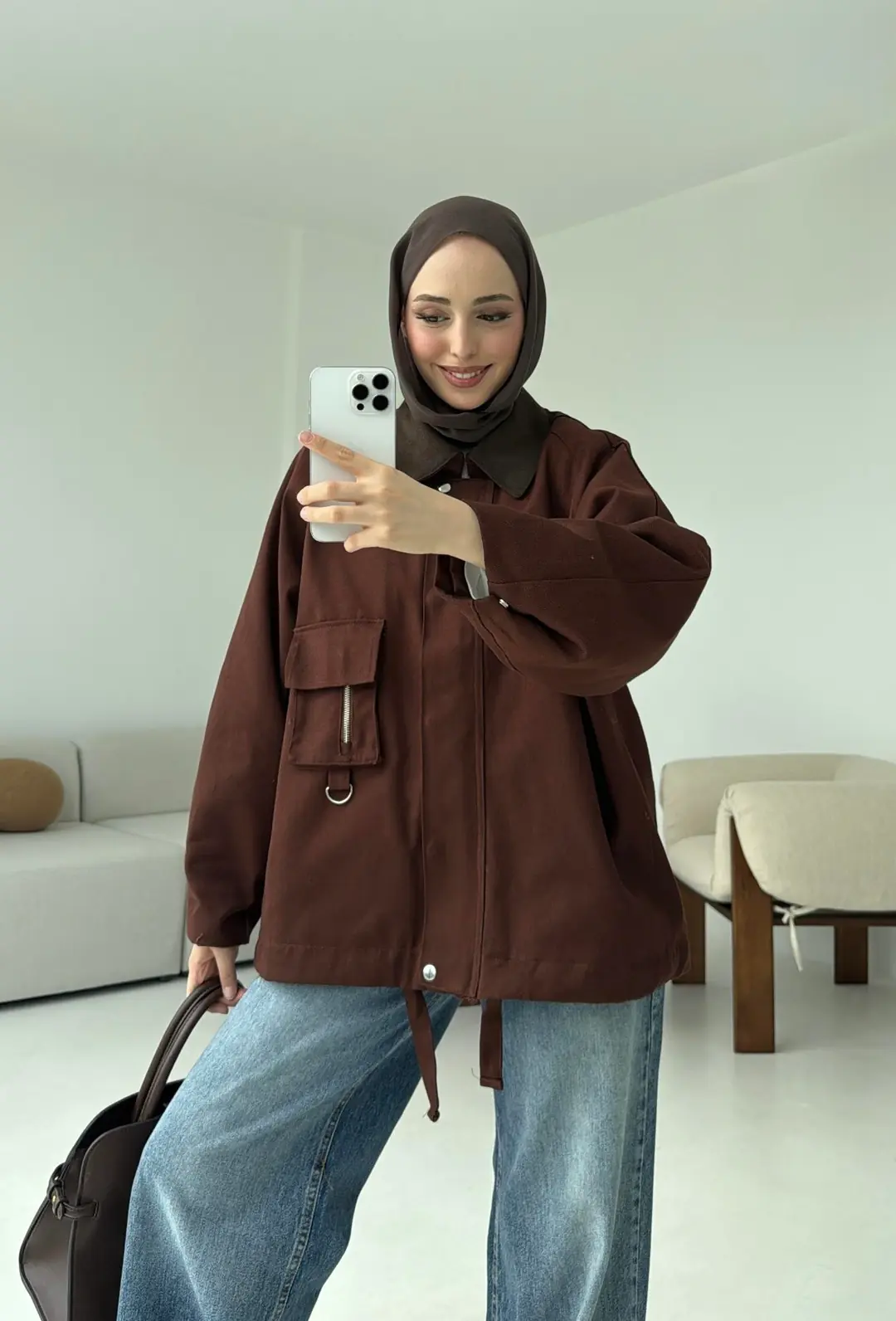 Kadife Yaka Gabardin Ceket Kahve - Görsel 4