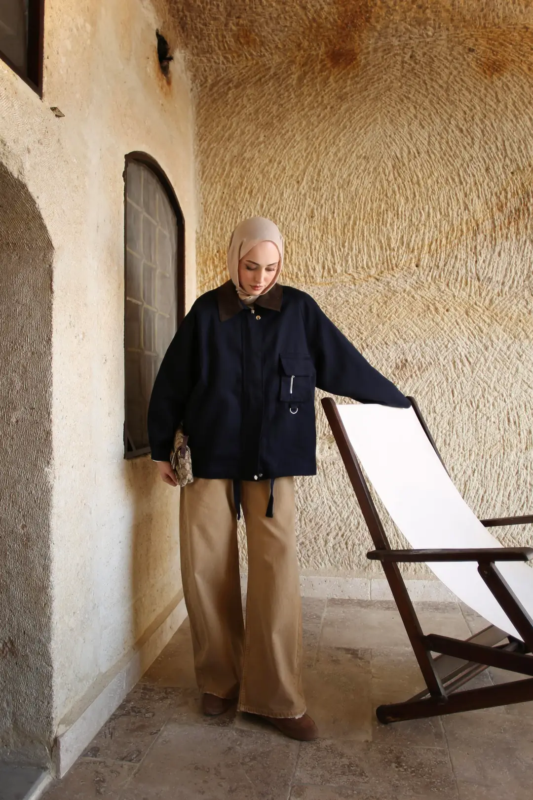 Kadife Yaka Gabardin Ceket Lacivert - Görsel 2