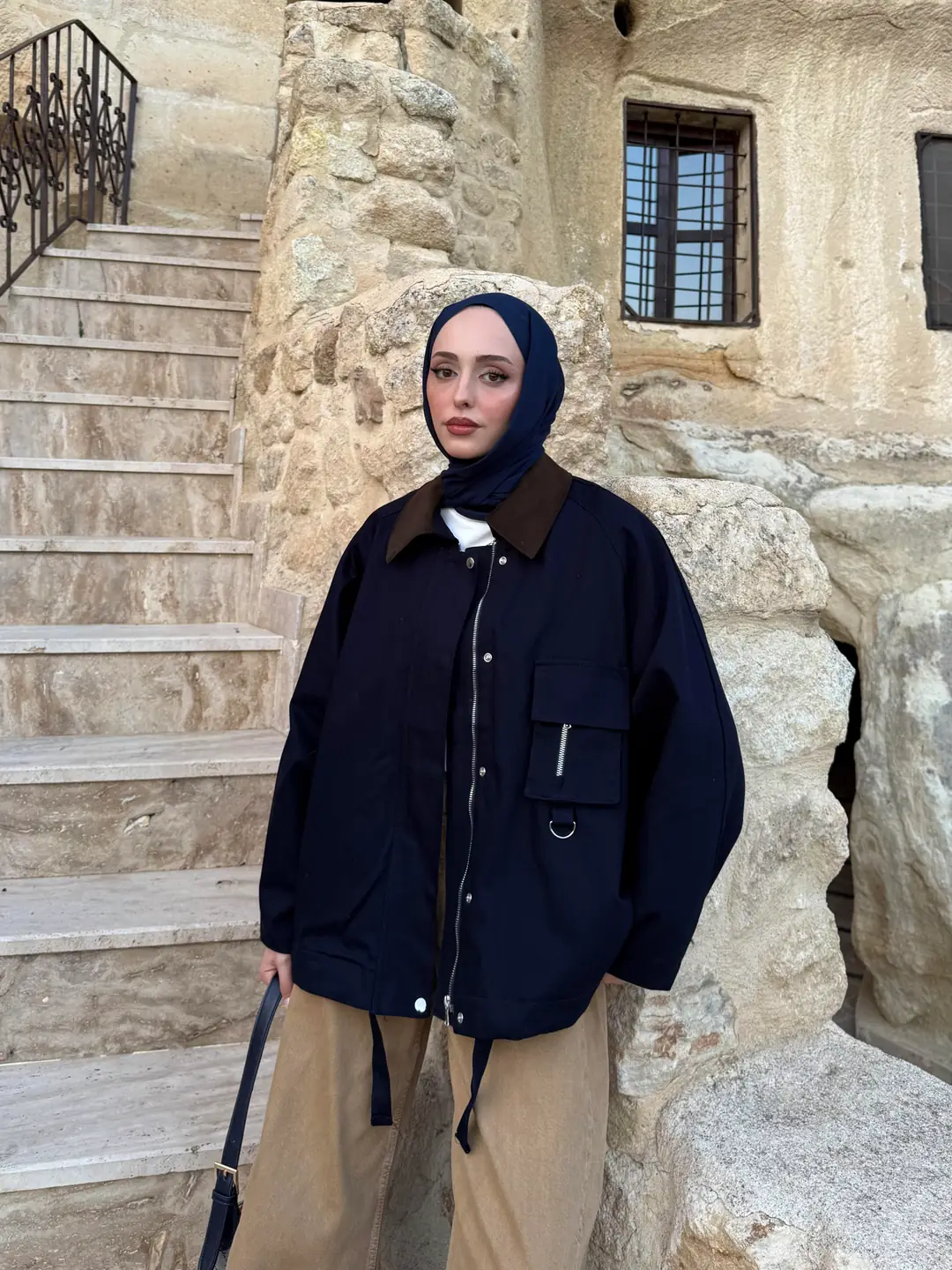 Kadife Yaka Gabardin Ceket Lacivert - Görsel 5