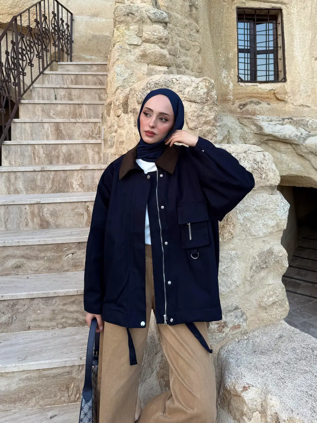 Kadife Yaka Gabardin Ceket Lacivert - Görsel 6