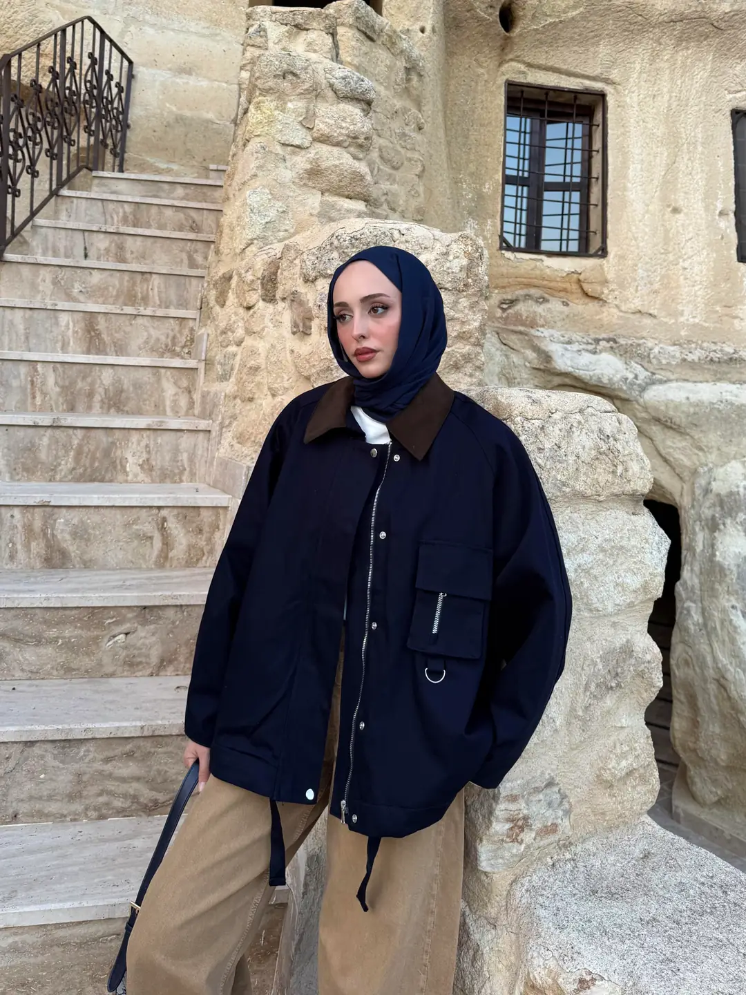 Kadife Yaka Gabardin Ceket Lacivert - Görsel 7