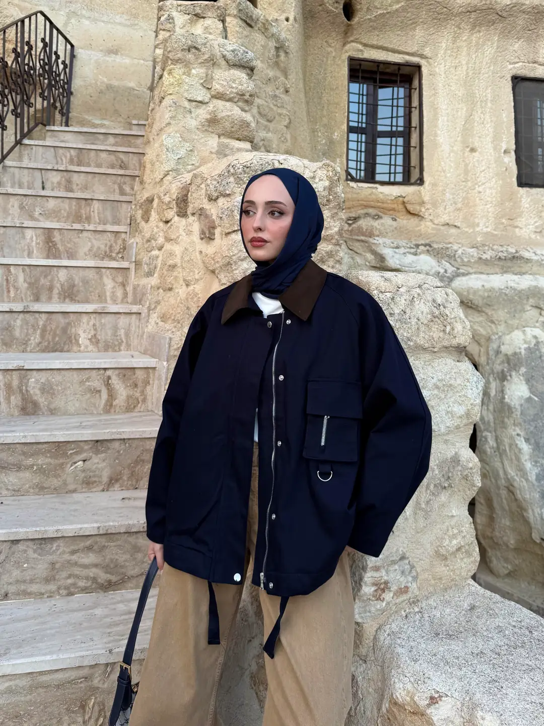 Kadife Yaka Gabardin Ceket Lacivert - Görsel 8