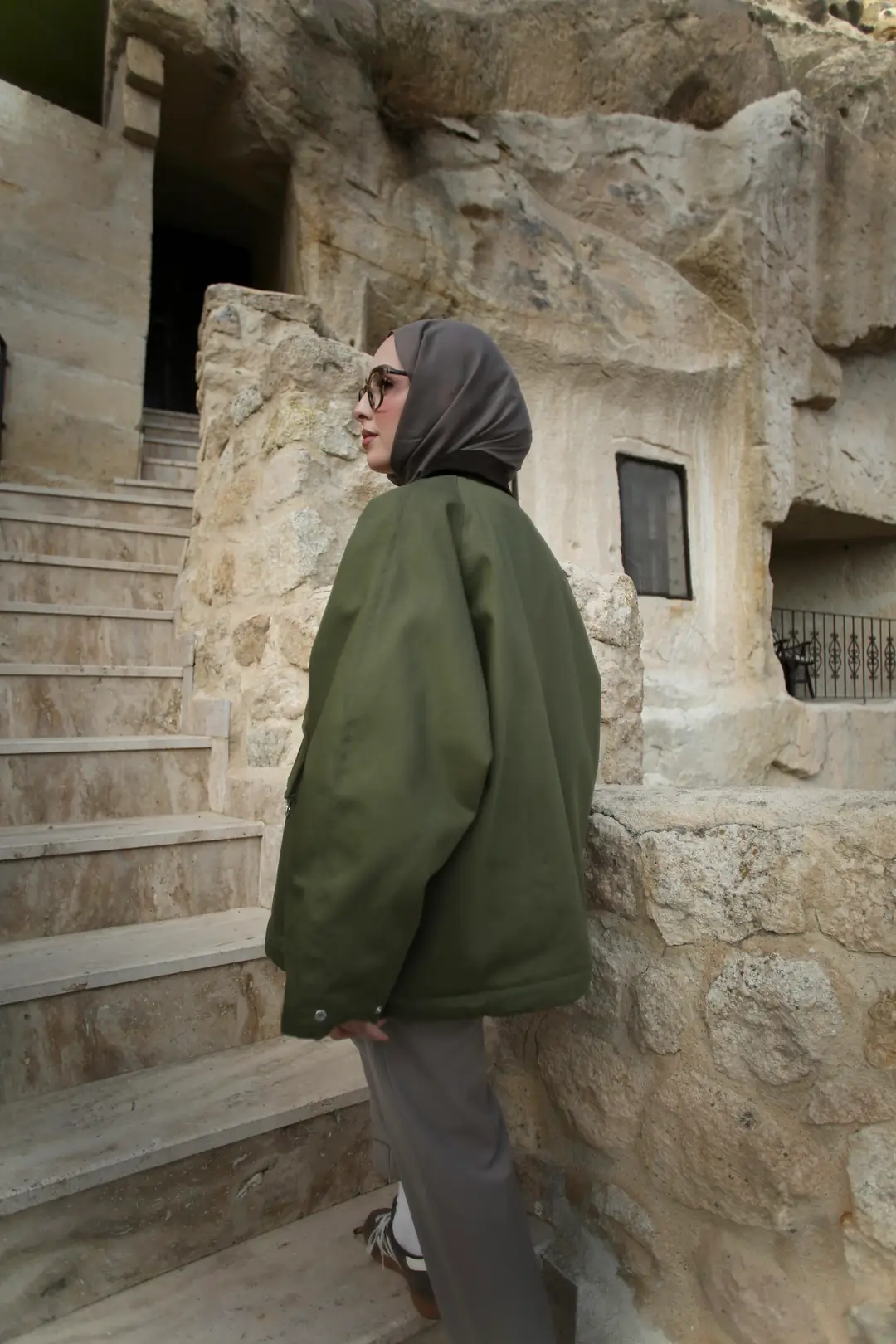 Kadife Yaka Gabardin Ceket Yeşil - Görsel 3