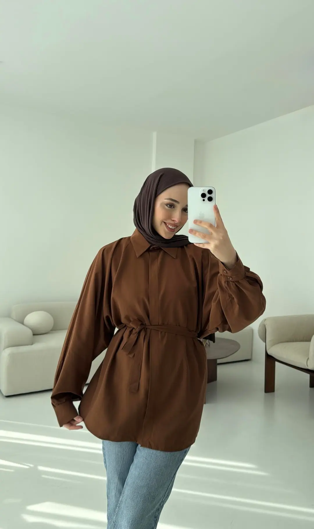 Kahve Balon Kol Bağlamalı Gömlek