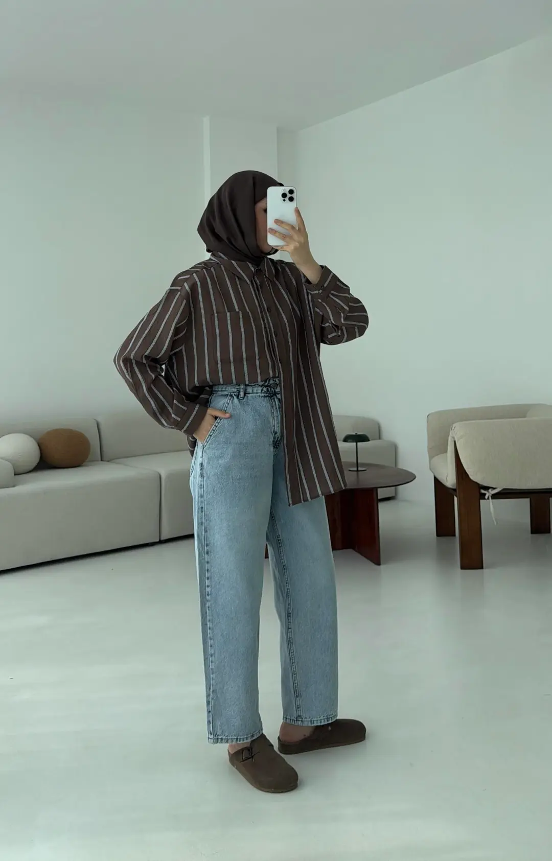 Kahve Çizgili Arkası Pile Detay Gömlek - Görsel 7