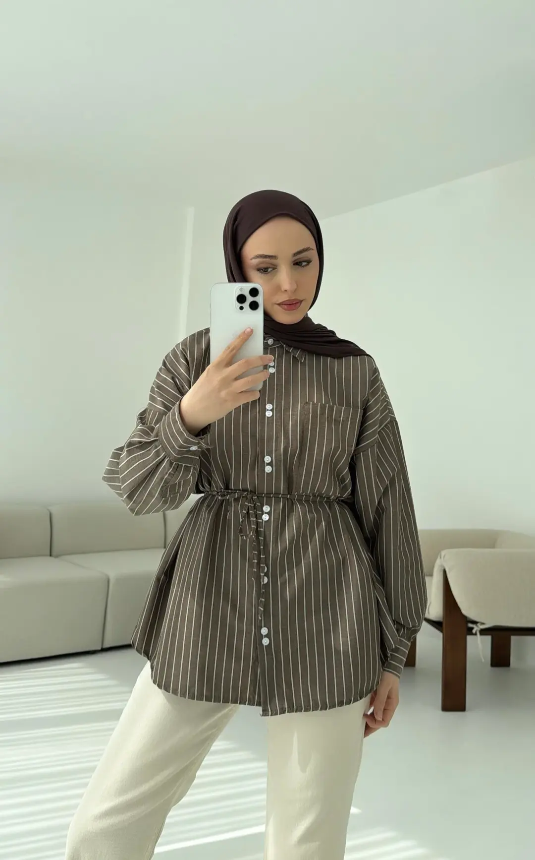 Kahve Çizgili Bağlamalı Gömlek - Görsel 2