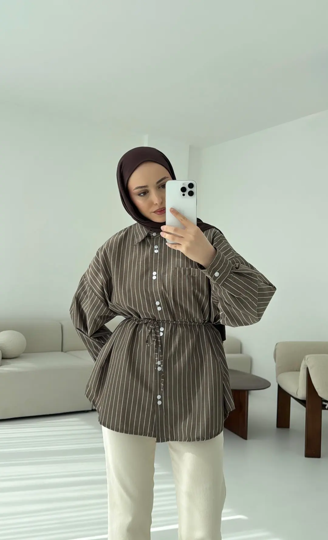 Kahve Çizgili Bağlamalı Gömlek - Görsel 4