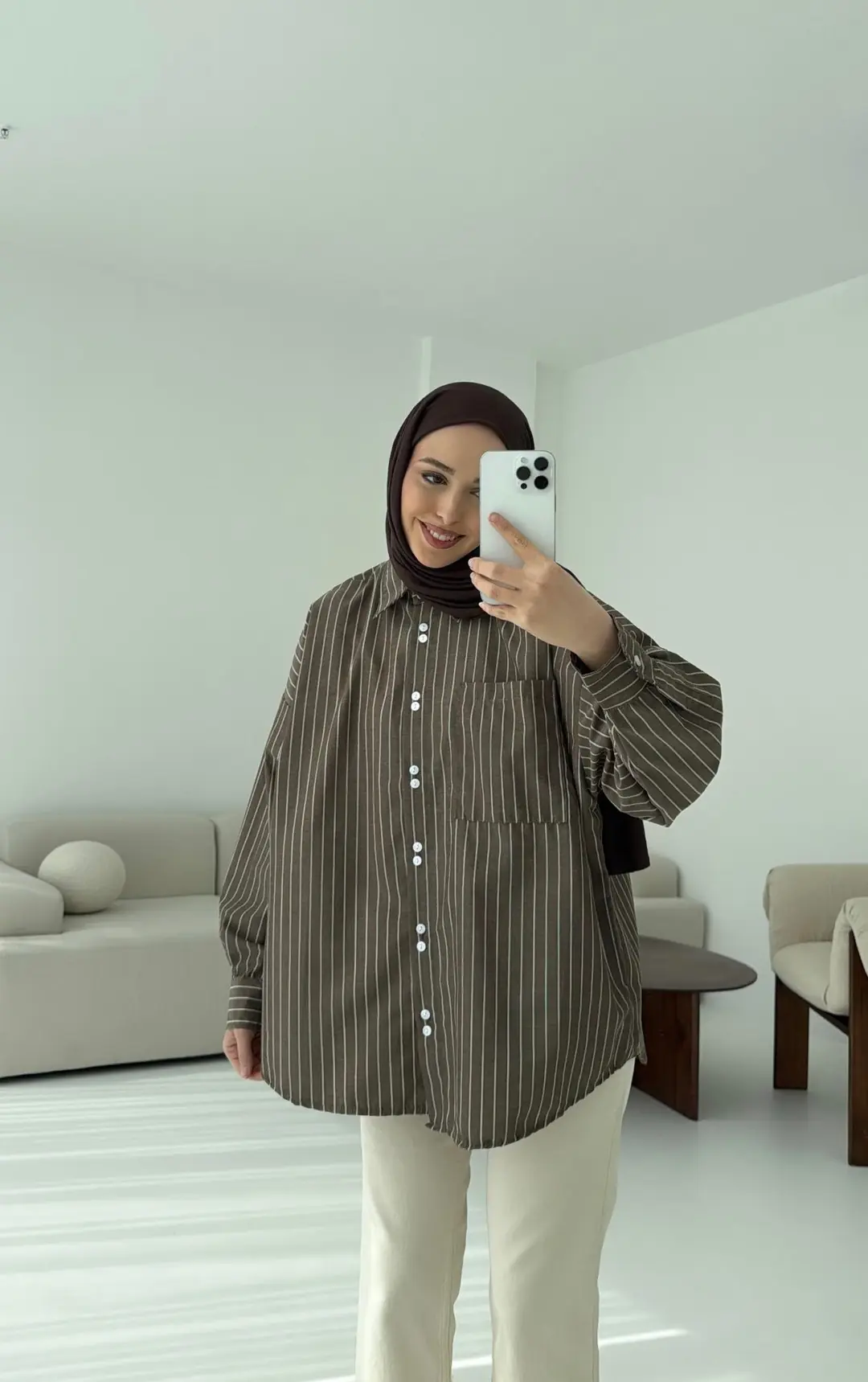 Kahve Çizgili Bağlamalı Gömlek - Görsel 5