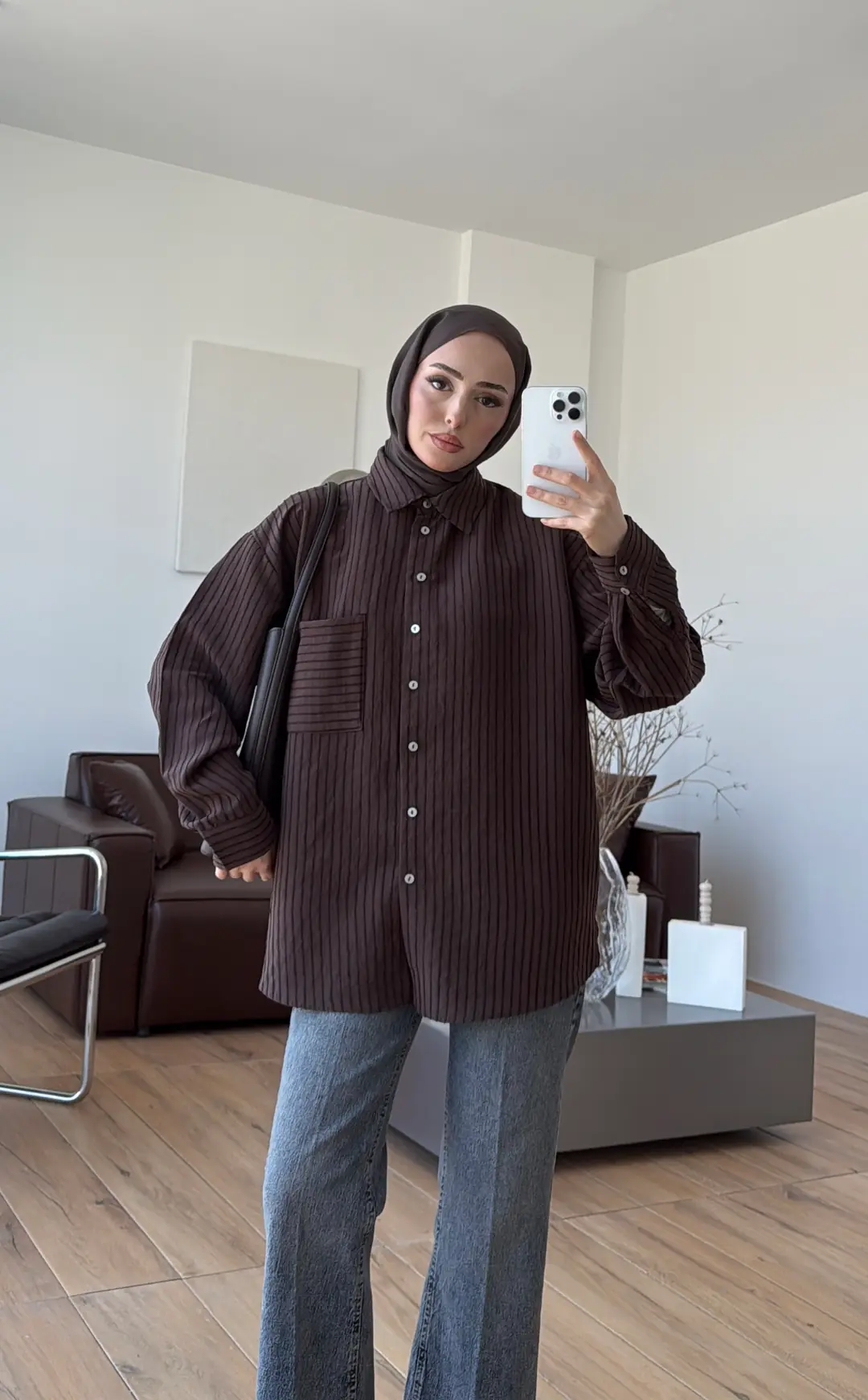 Kahve Çizgili Gömlek - Görsel 5