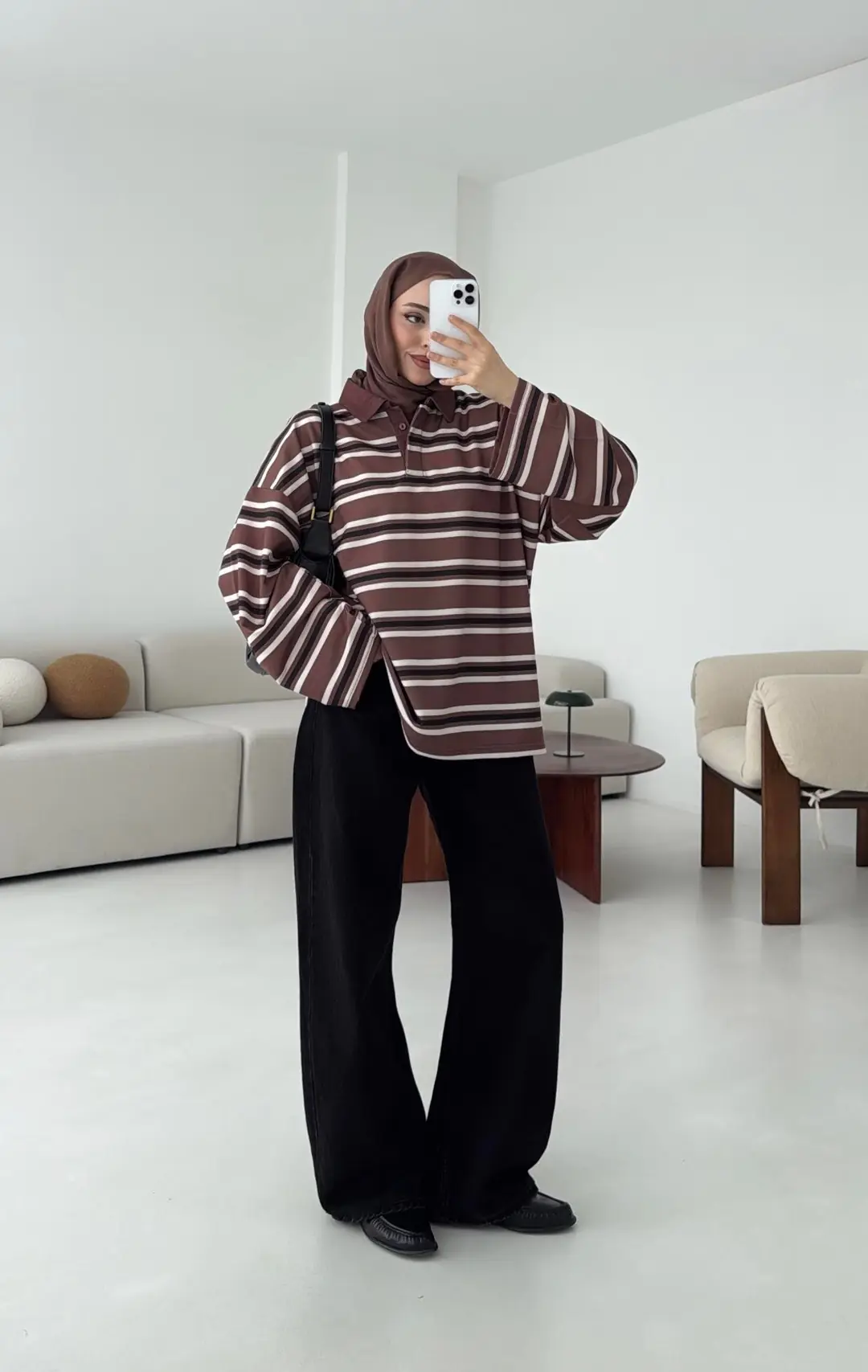 Kahve Çizgili Polo Yaka Sweatshrt