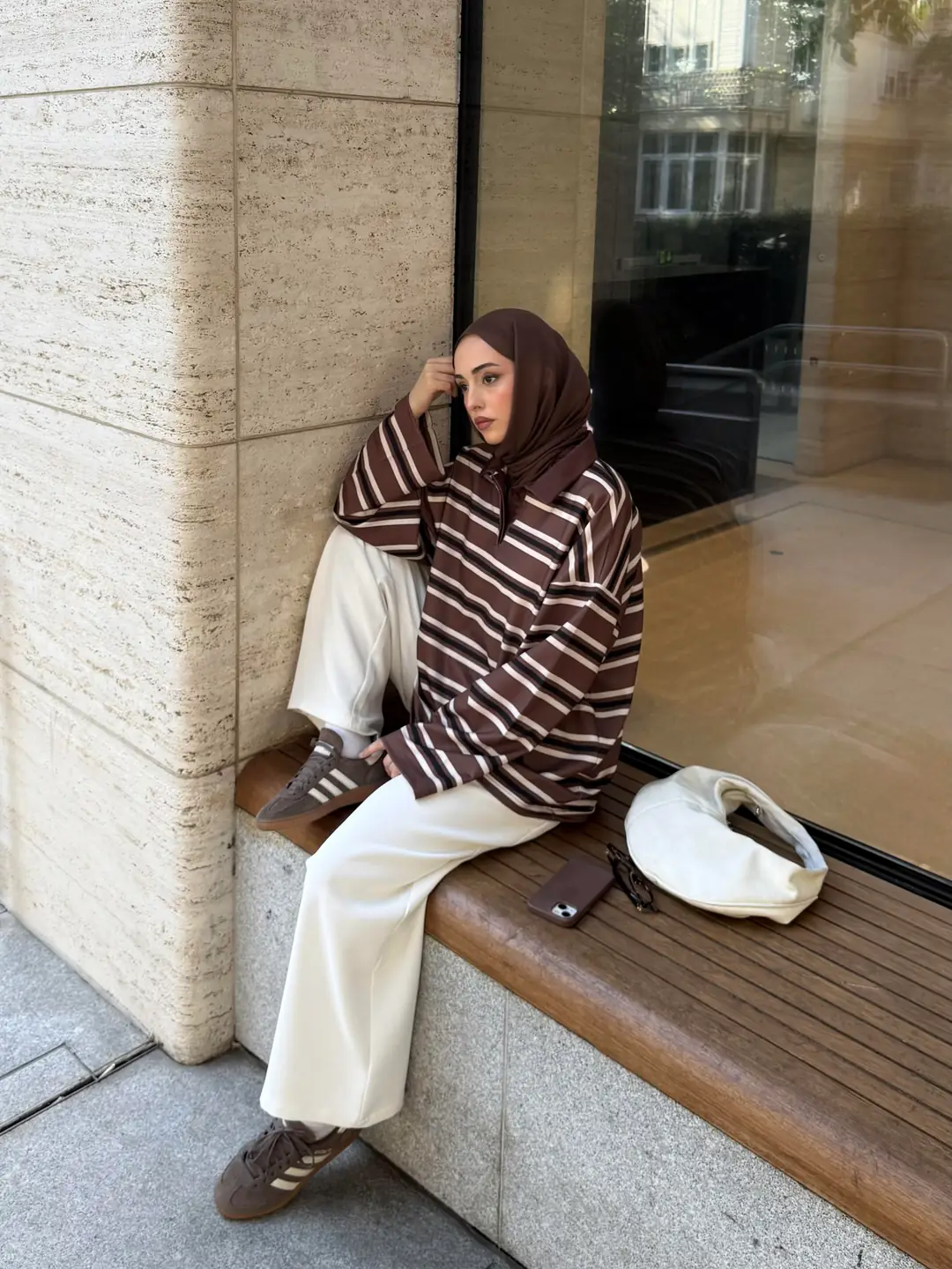 Kahve Çizgili Polo Yaka Sweatshrt - Görsel 3