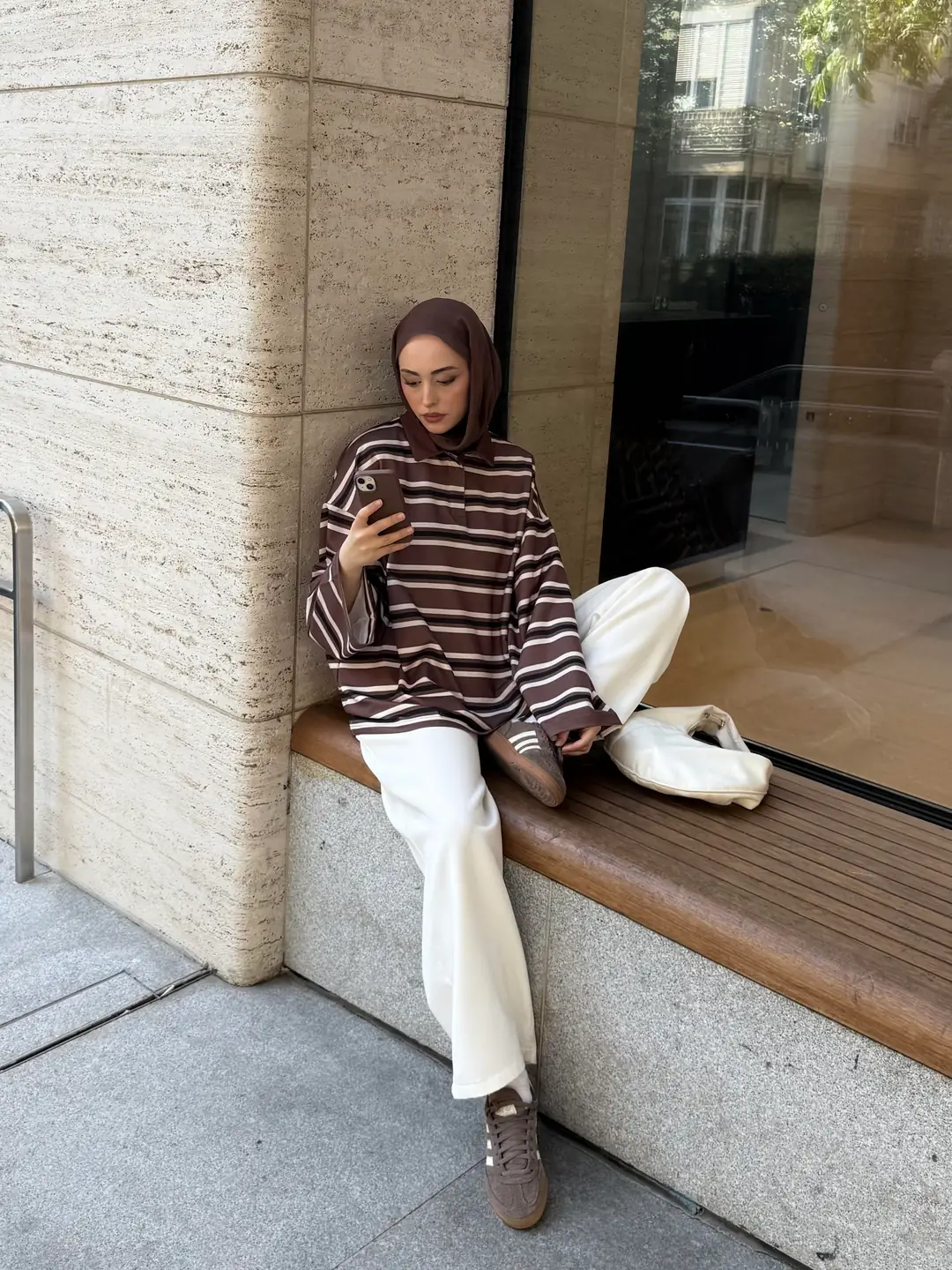 Kahve Çizgili Polo Yaka Sweatshrt - Görsel 4