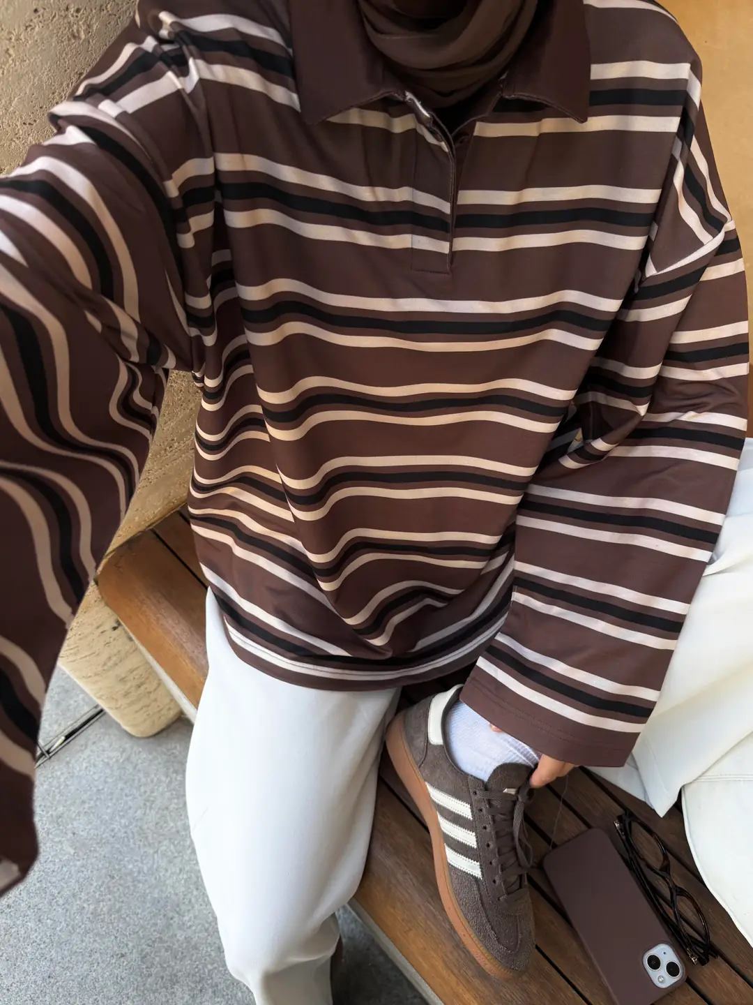 Kahve Çizgili Polo Yaka Sweatshrt - Görsel 5