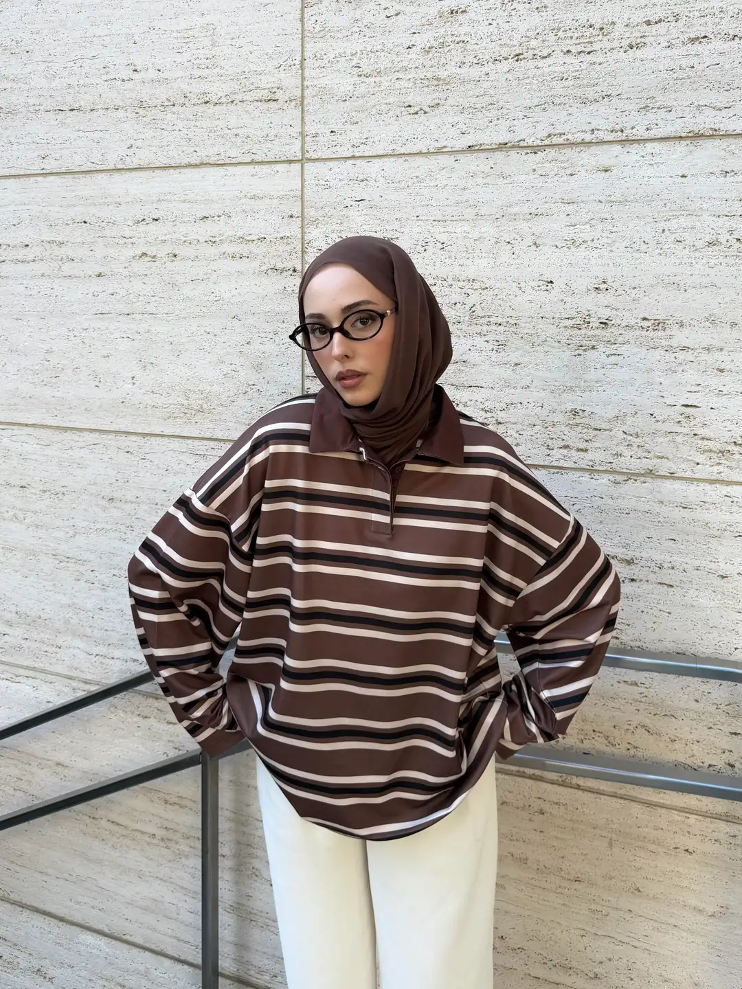 Kahve Çizgili Polo Yaka Sweatshrt - Görsel 8