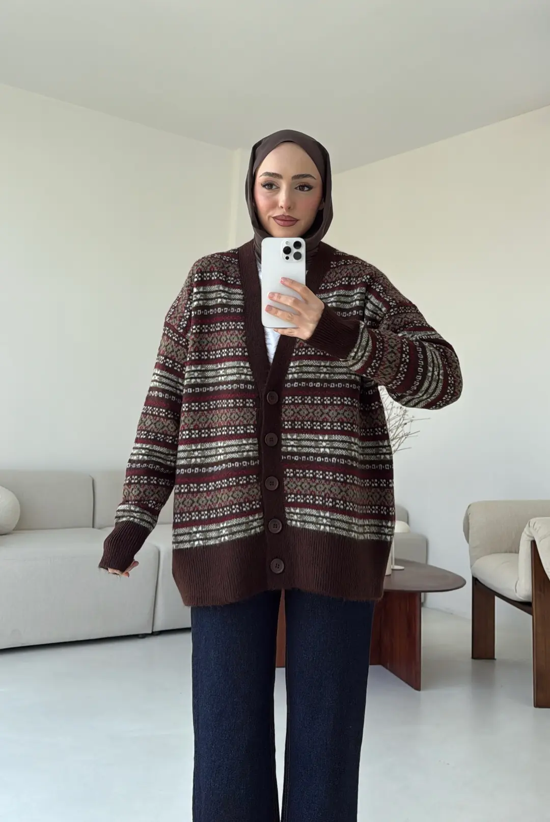 Kahve Desenli Örgü Hırka - Görsel 10