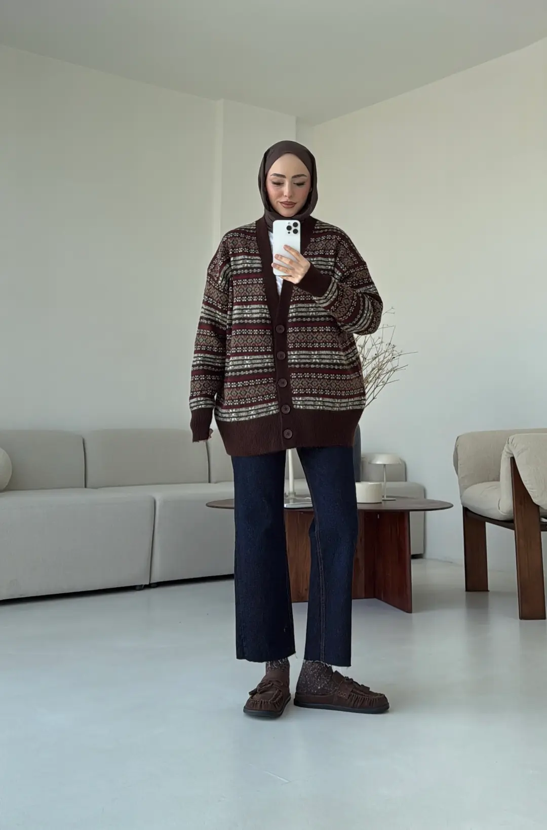 Kahve Desenli Örgü Hırka - Görsel 6