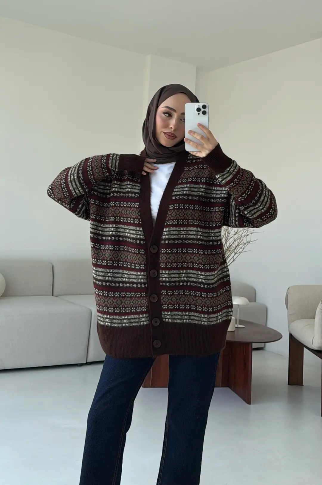 Kahve Desenli Örgü Hırka - Görsel 7