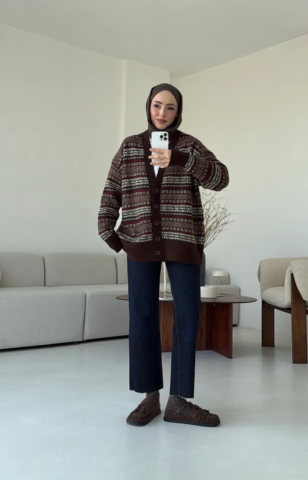 Kahve Desenli Örgü Hırka - Görsel 9