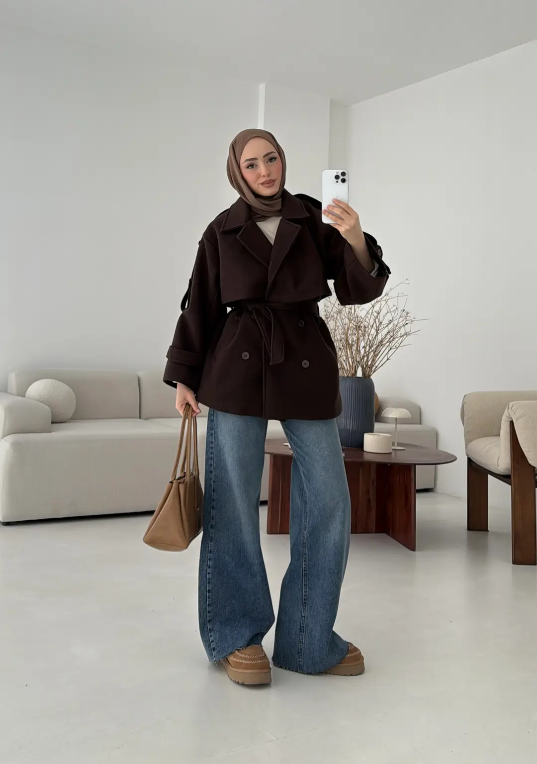 Kahve Düğmeli Kol Manşetli Kaşe Kaban