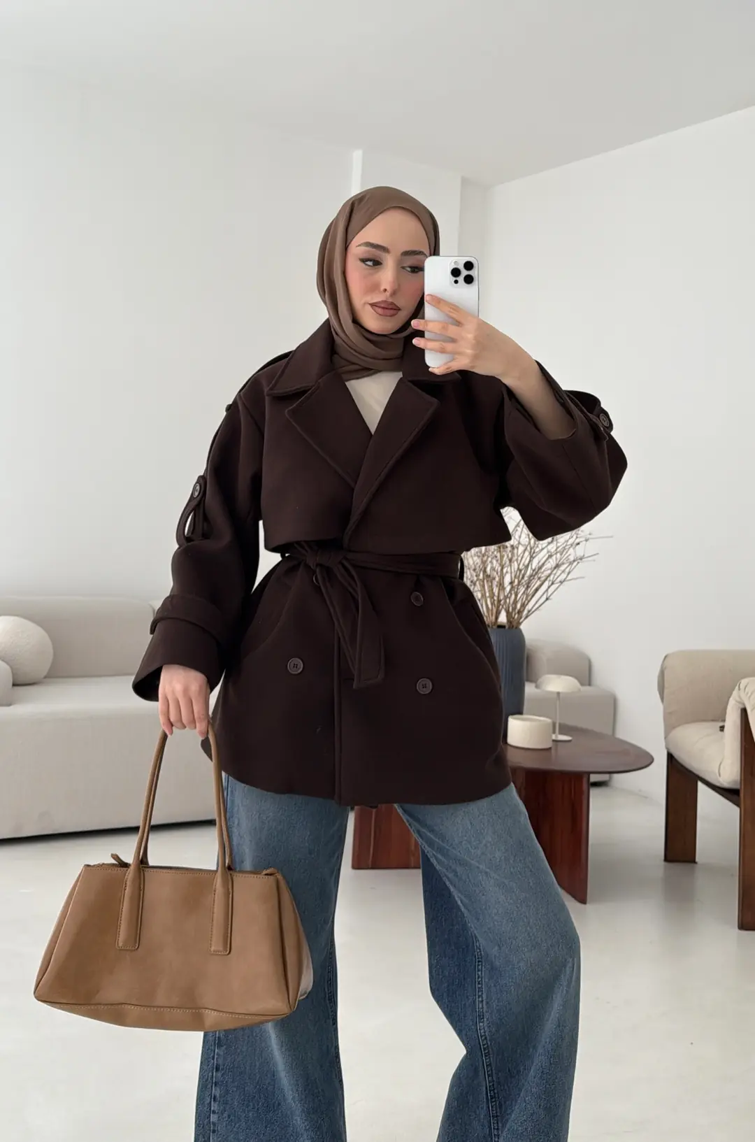 Kahve Düğmeli Kol Manşetli Kaşe Kaban - Görsel 3