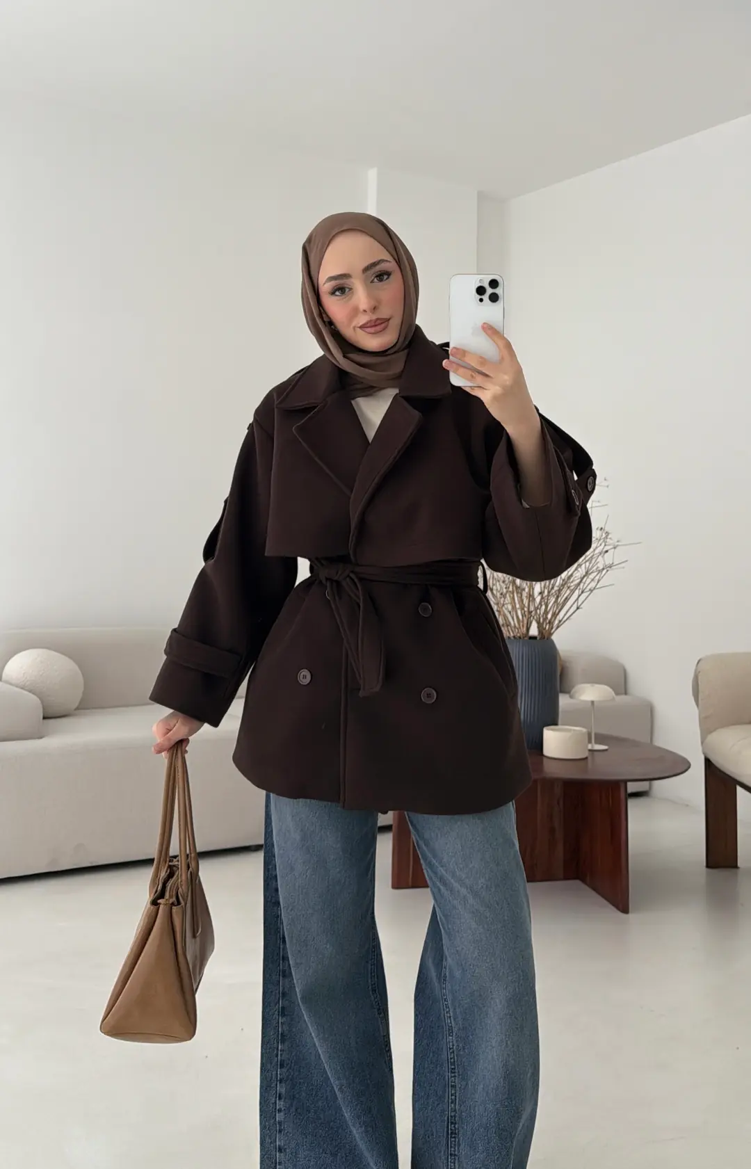 Kahve Düğmeli Kol Manşetli Kaşe Kaban - Görsel 5