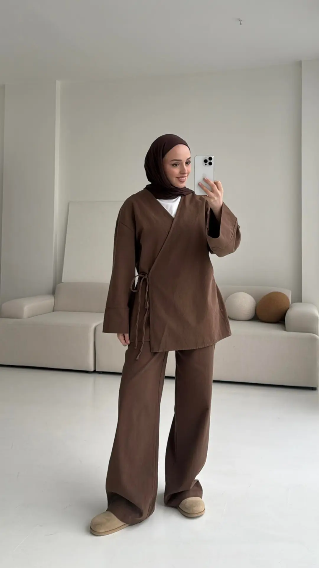 Kahve Gabardin Kimono Takım - Görsel 4