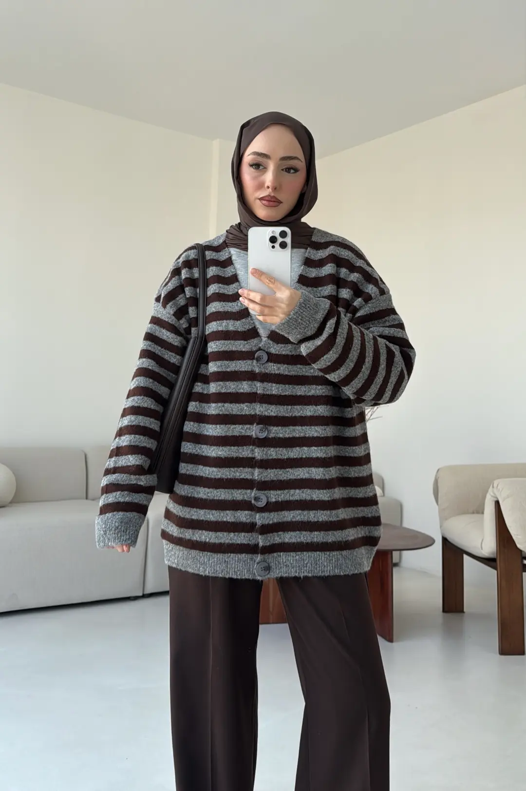 Kahve/Gri Çizgili Triko Hırka - Görsel 3