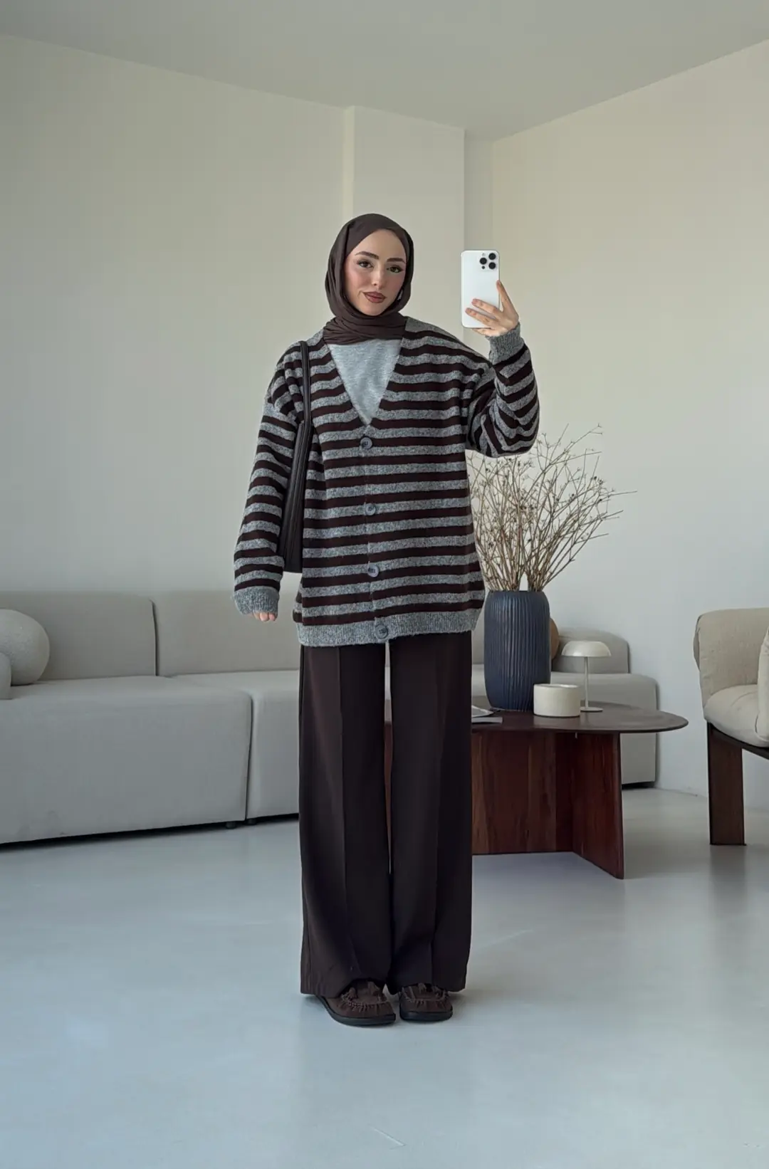 Kahve/Gri Çizgili Triko Hırka - Görsel 5