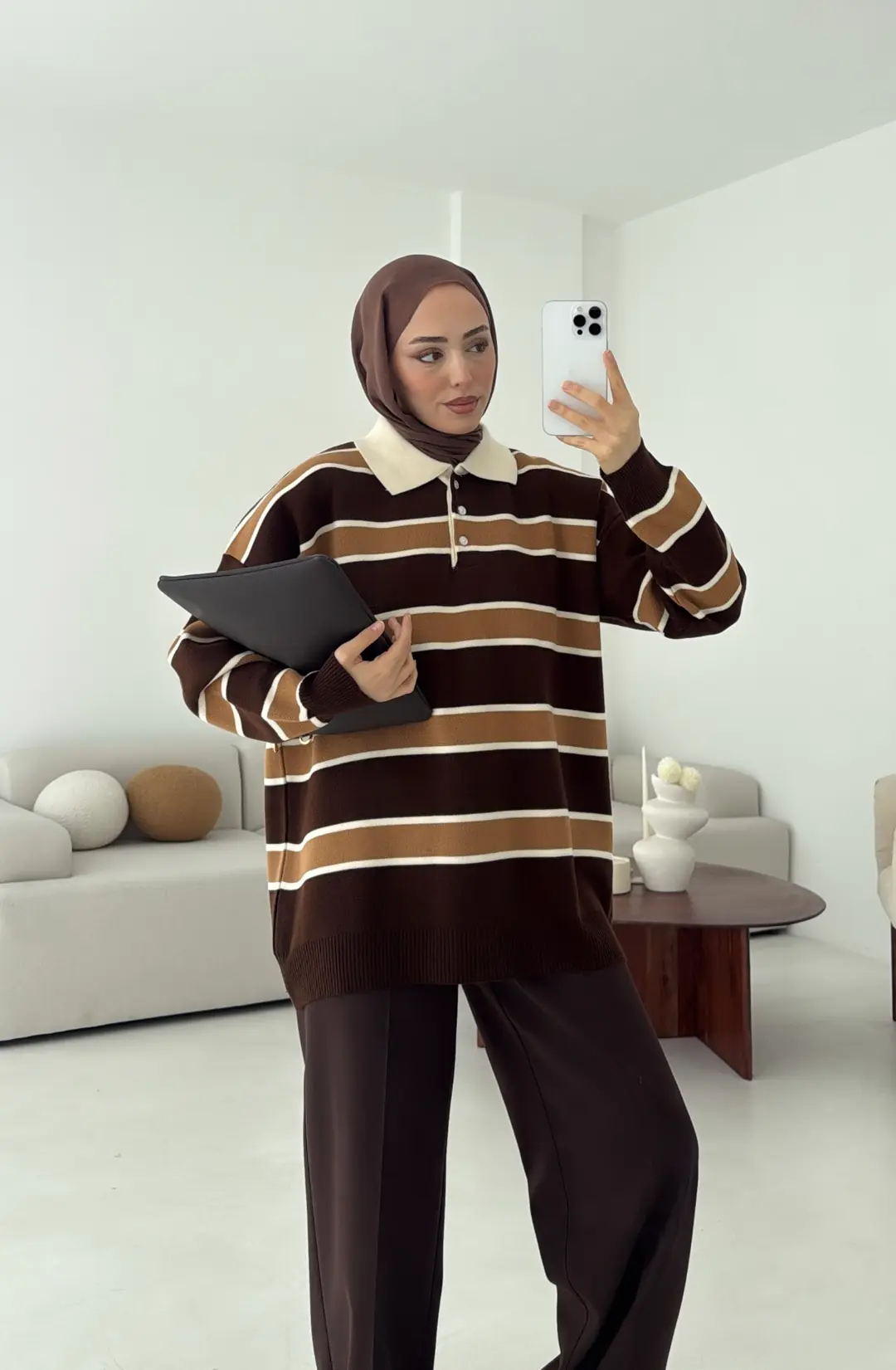 Kahve Hardal Çizgili Triko Kazak