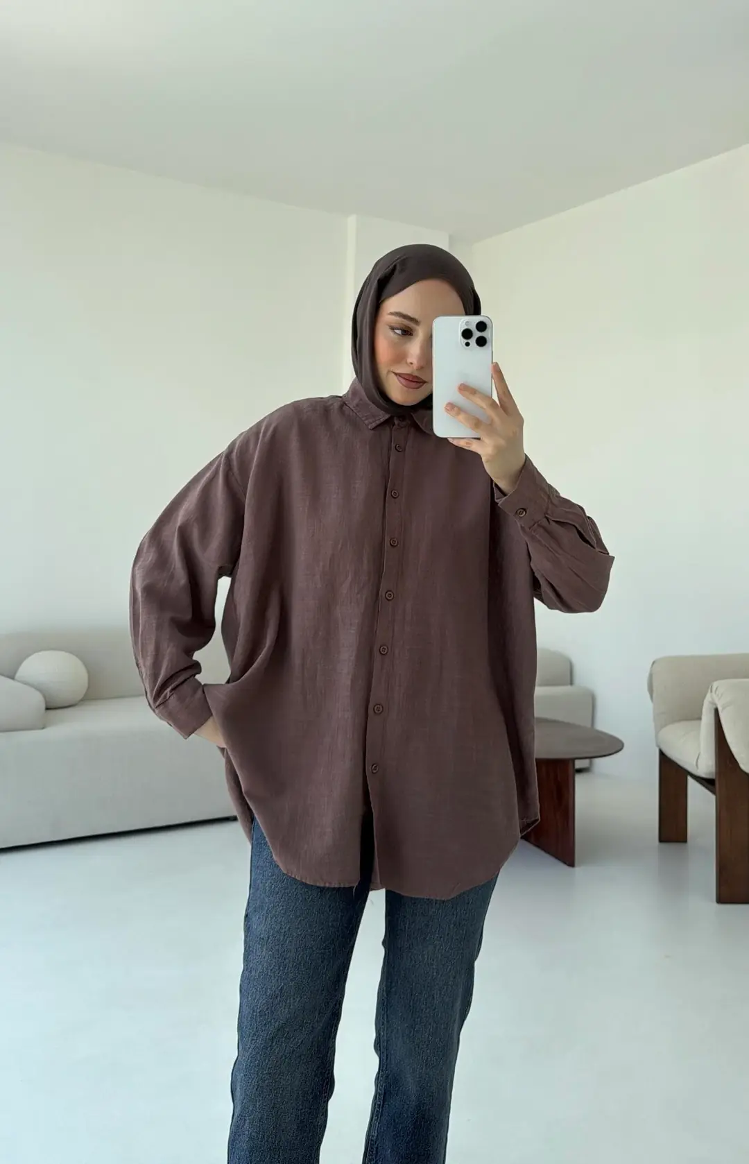 Kahve Keten Gömlek - Görsel 5