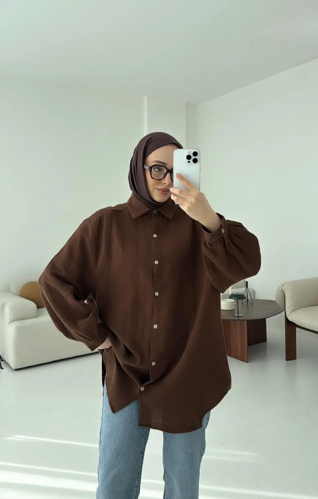 Kahve Müslin Gömlek - Görsel 5