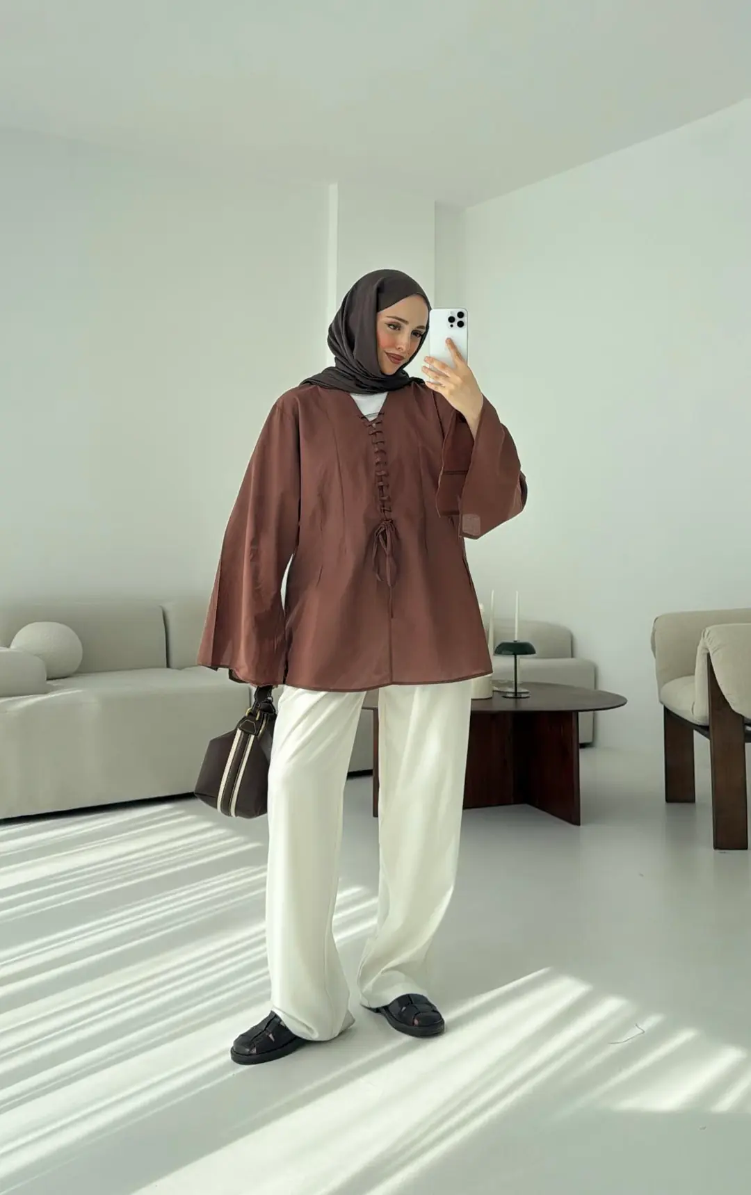 Kahve Vual Kumaş Tasarım Gömlek - Görsel 4