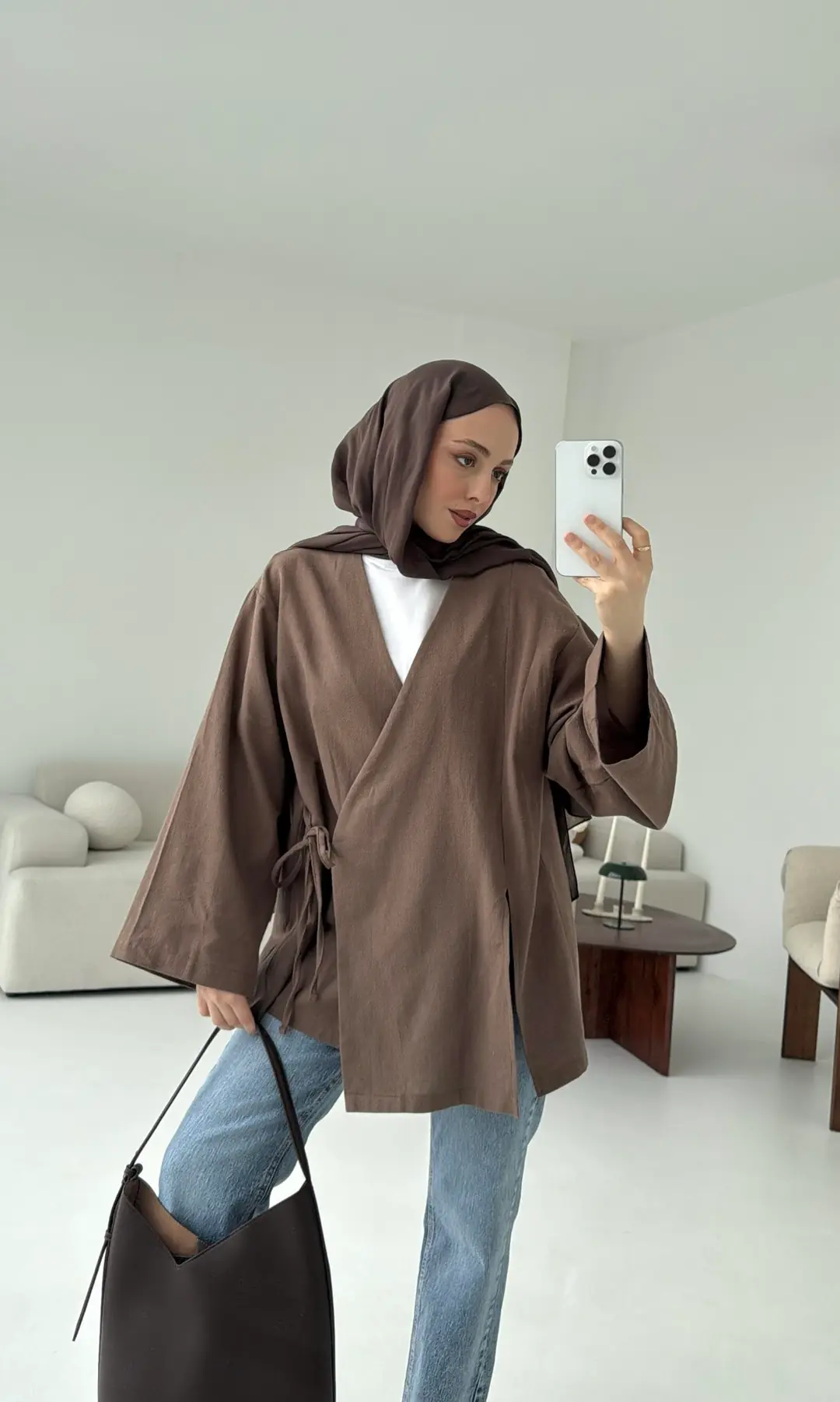 Kahve Yırtmaç Detay Keten Kimono - Görsel 3