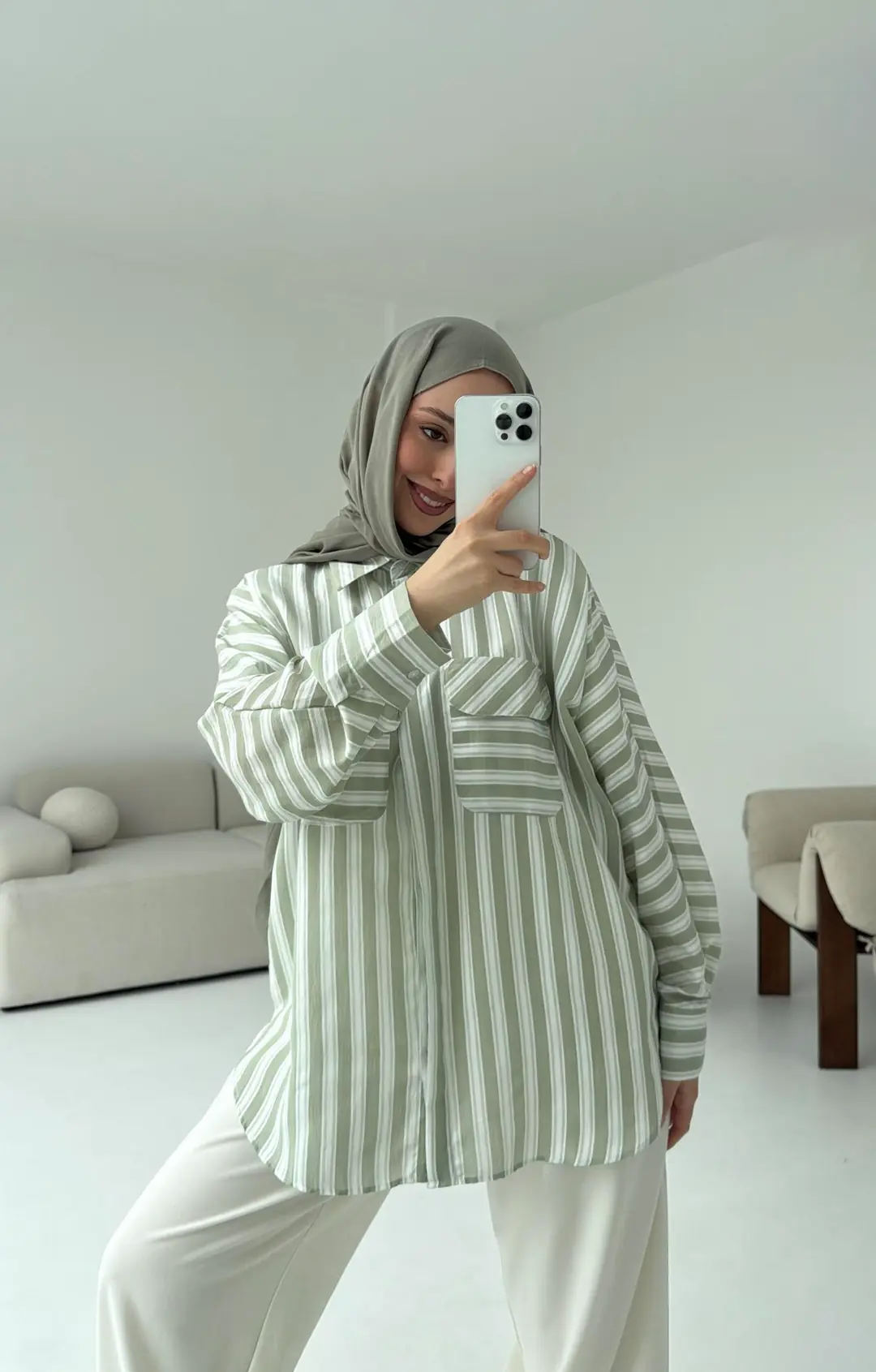 Kalın Çizgili Çağla Gömlek - Görsel 2