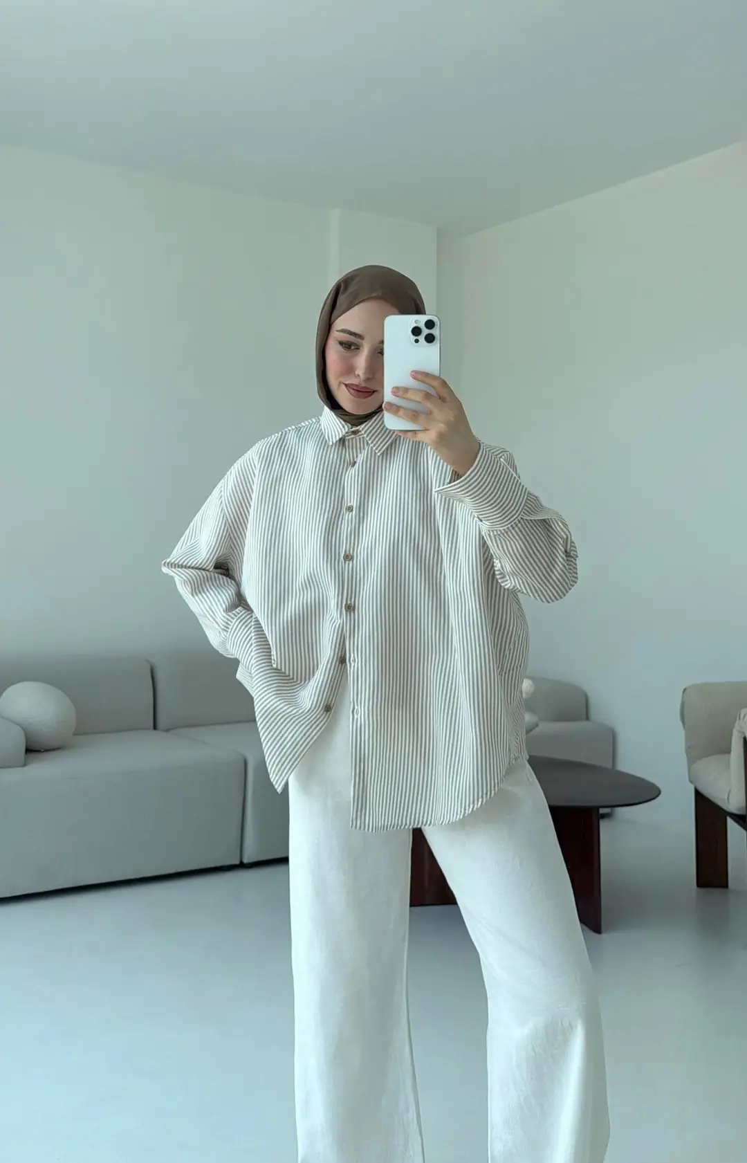 Kalın Manşet Çizgili Gömlek Bej