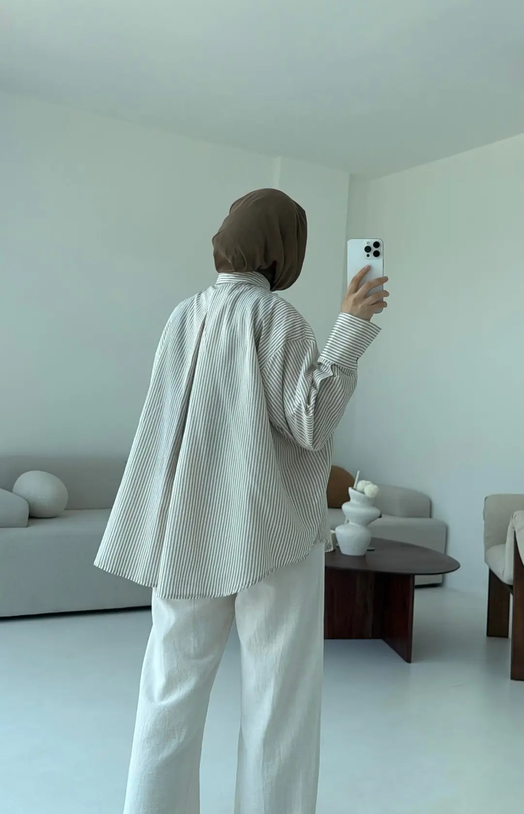 Kalın Manşet Çizgili Gömlek Bej - Görsel 3