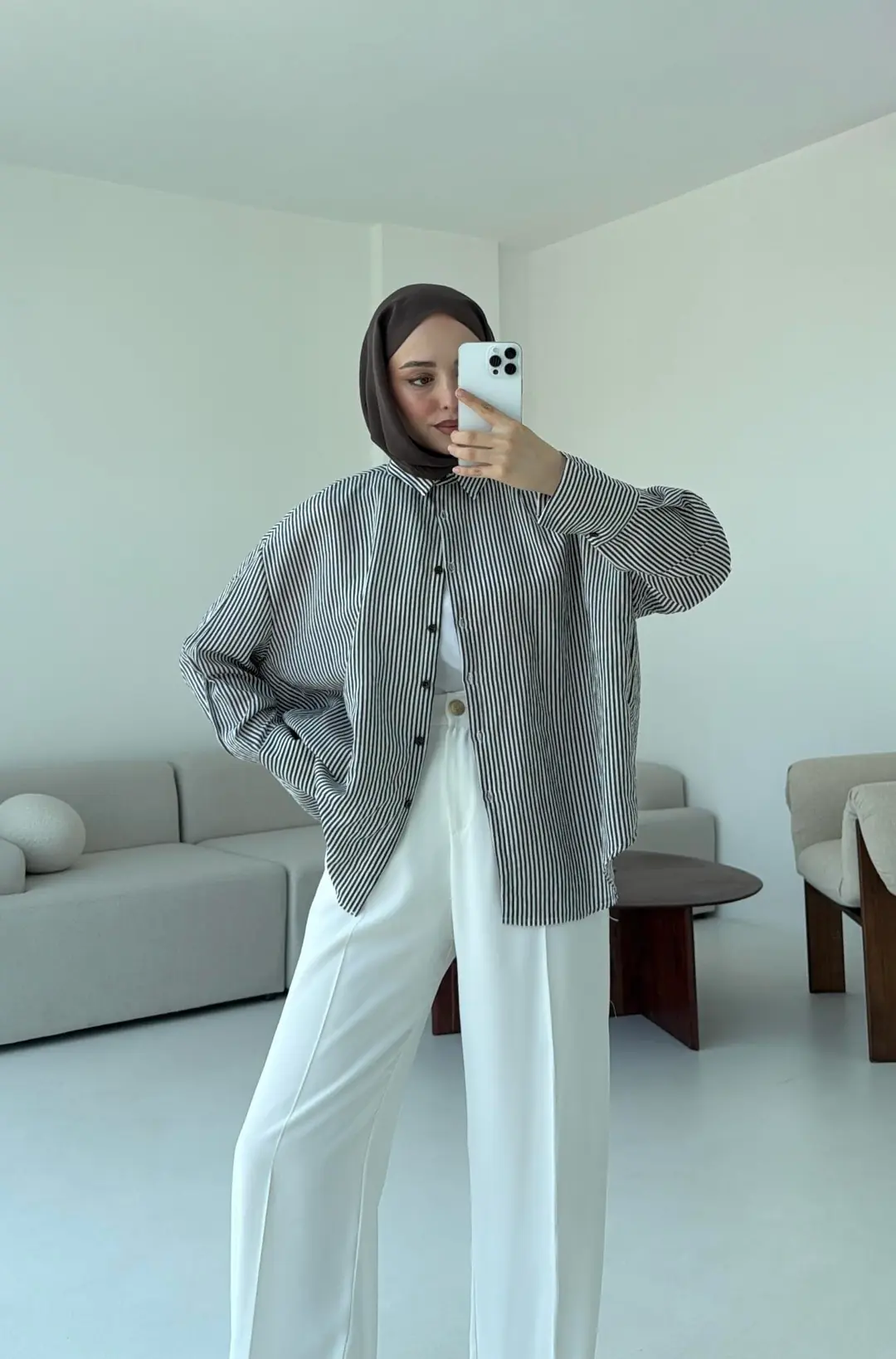 Kalın Manşet Çizgili Gömlek Kahverengi