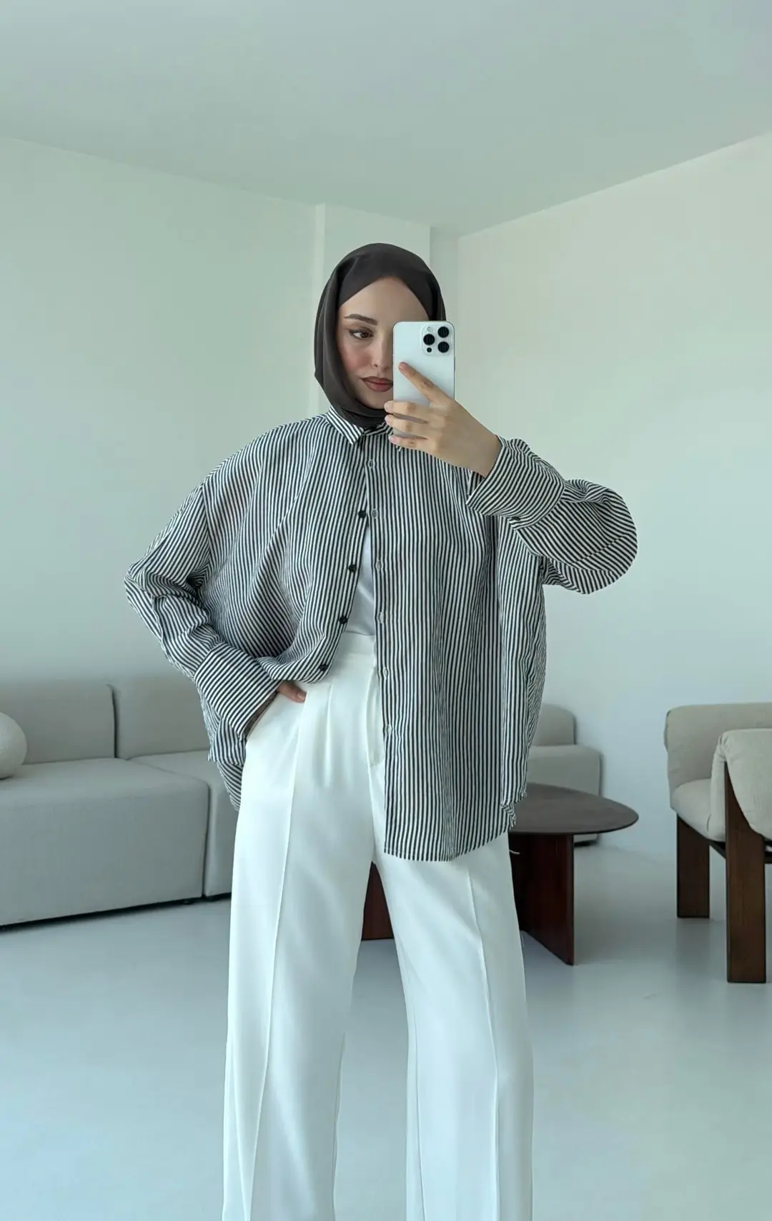 Kalın Manşet Çizgili Gömlek Kahverengi - Görsel 2