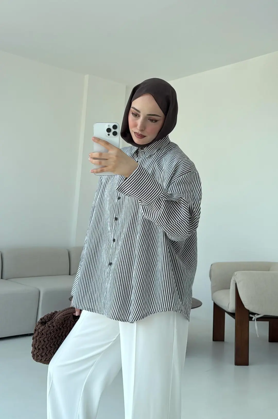 Kalın Manşet Çizgili Gömlek Kahverengi - Görsel 3