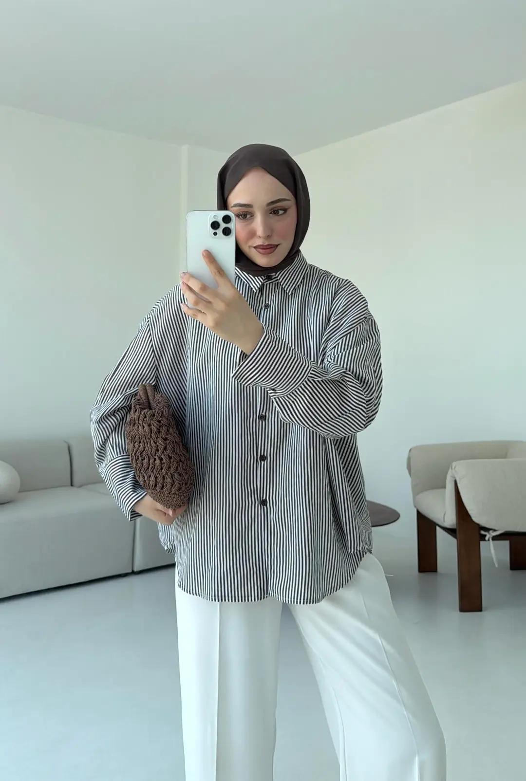 Kalın Manşet Çizgili Gömlek Kahverengi - Görsel 8