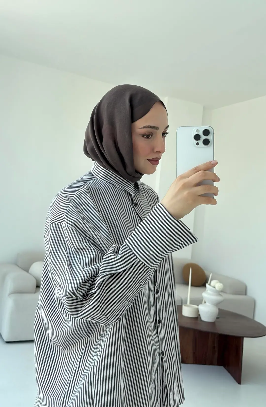 Kalın Manşet Çizgili Gömlek Kahverengi - Görsel 9