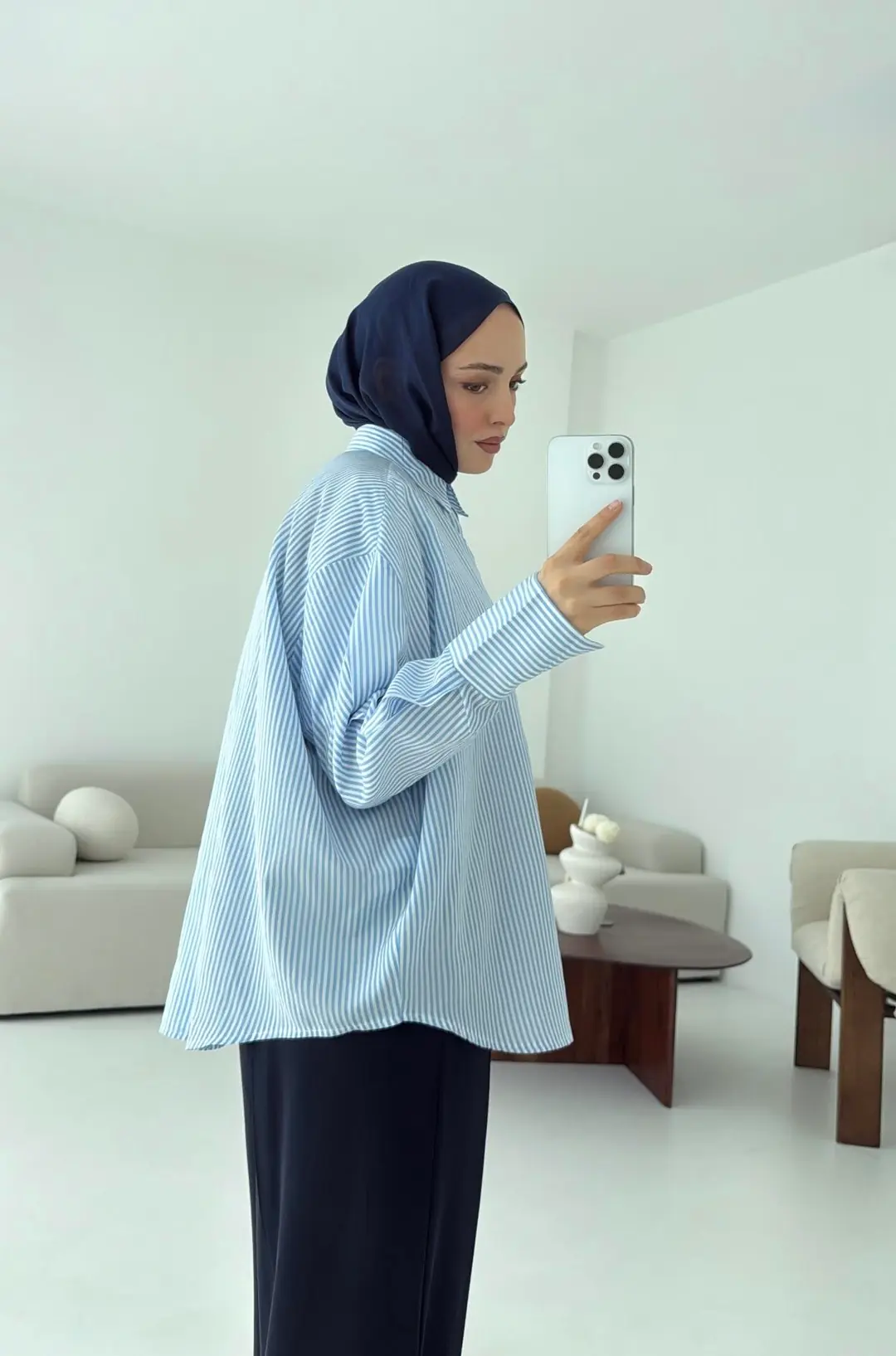 Kalın Manşet Çizgili Gömlek Mavi