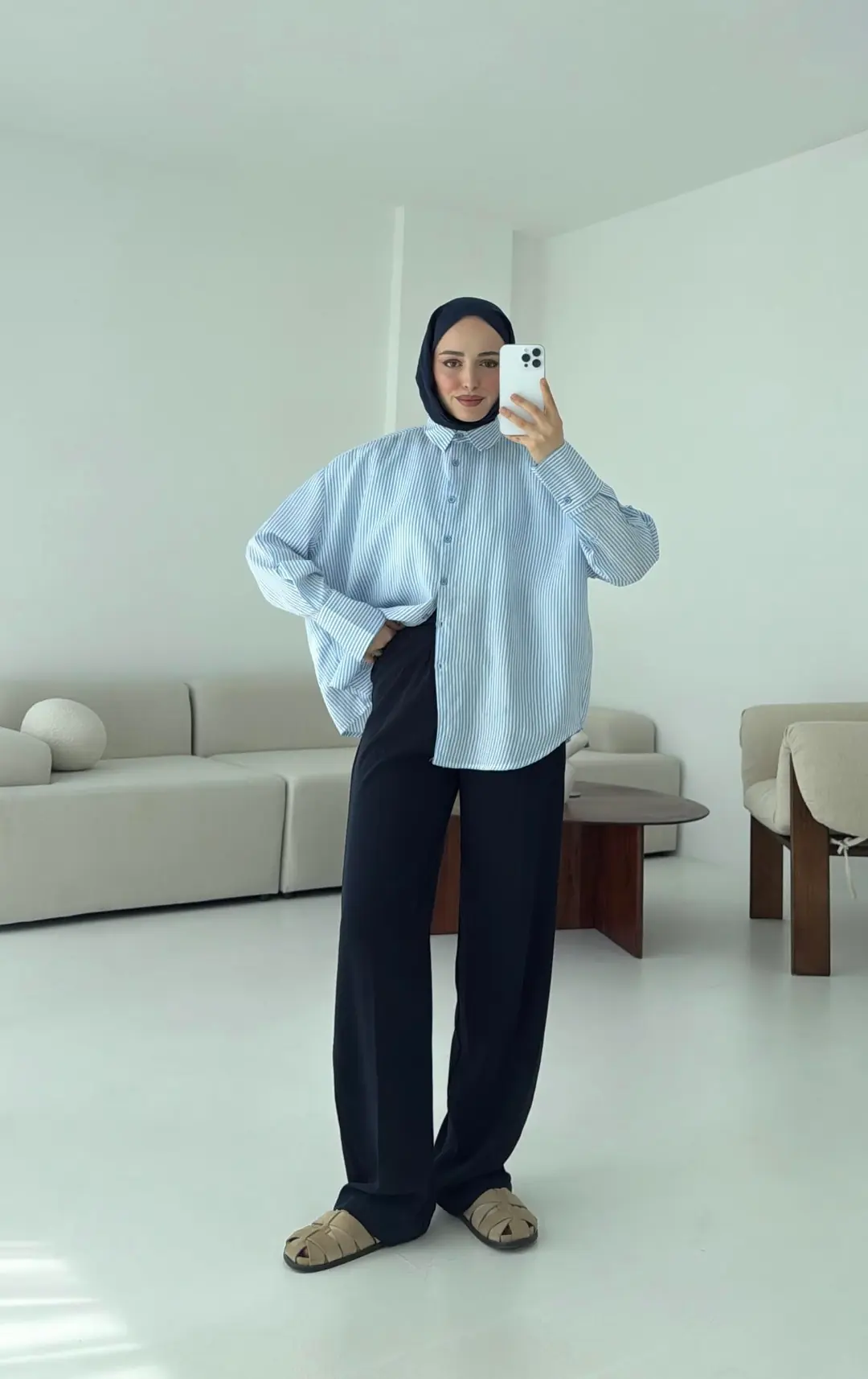 Kalın Manşet Çizgili Gömlek Mavi - Görsel 5