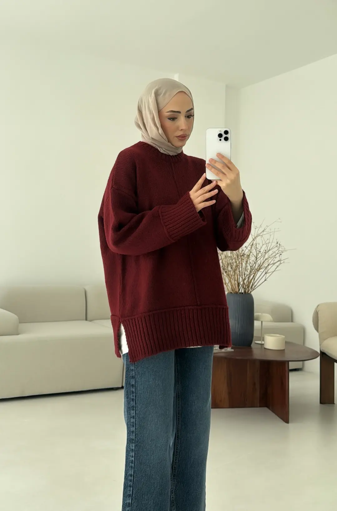 Kalın Manşet Kazak Bordo - Görsel 2