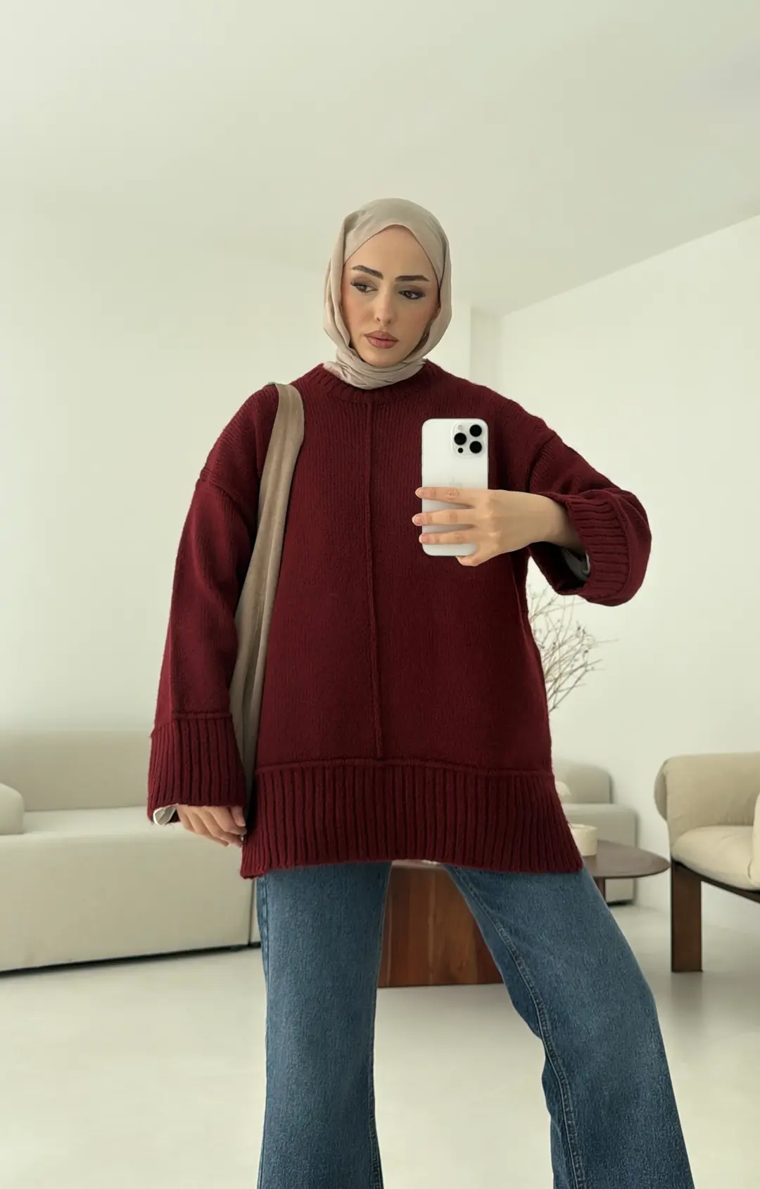 Kalın Manşet Kazak Bordo - Görsel 5