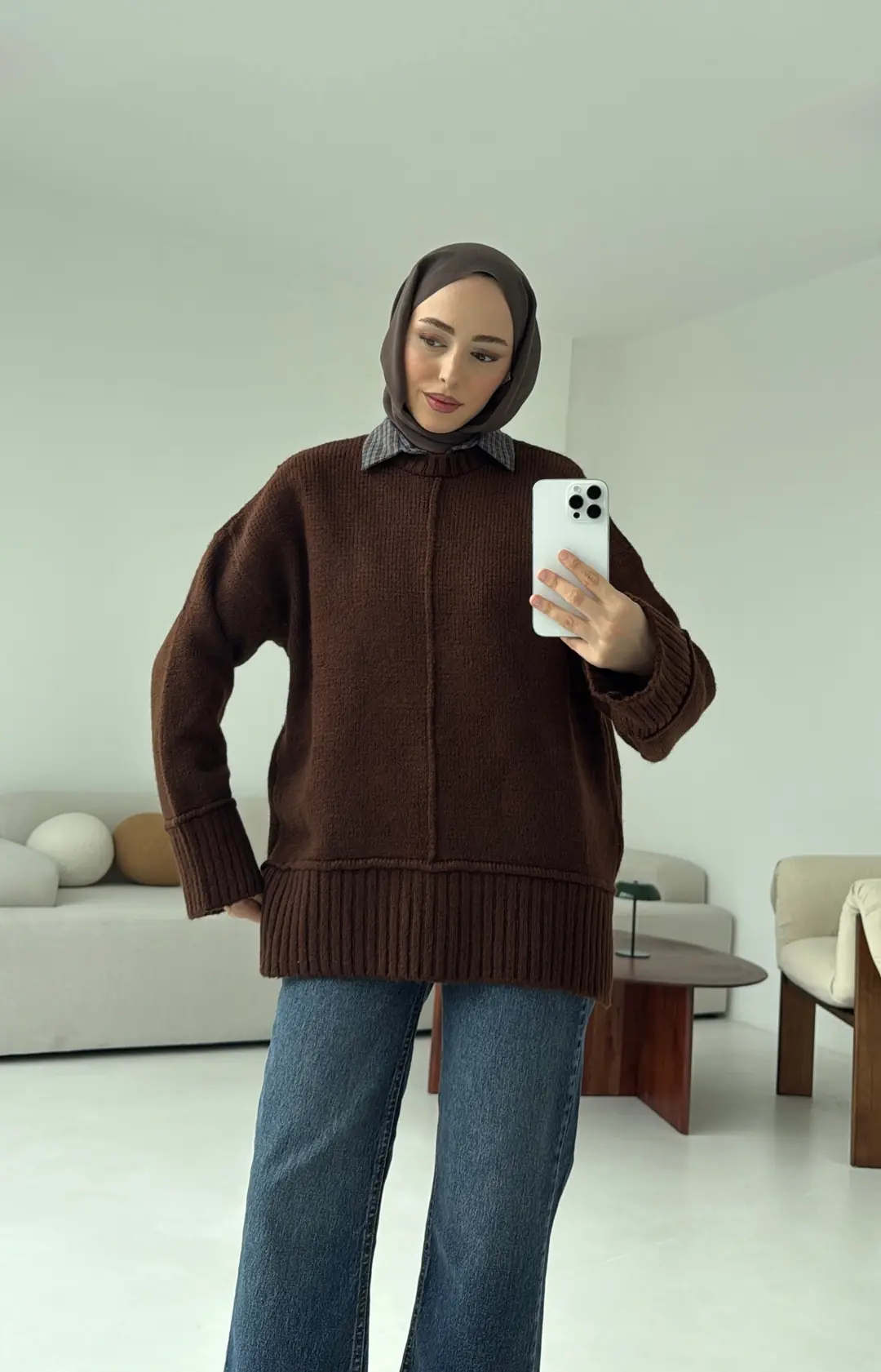 Kalın Manşet Kazak Kahve - Görsel 6